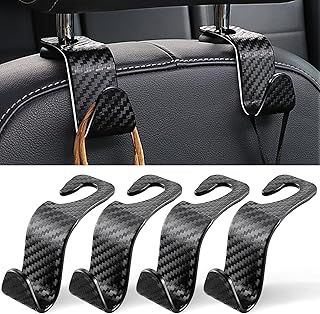LivTee Gancho para bolso de automóvil, paquete de 4 ganchos universales para reposacabezas de asiento de automóvil, organizador para abrigos, paraguas, comestibles, fibra de carbono negro