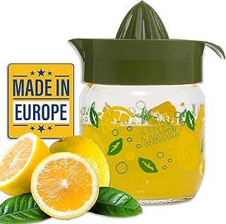 Crystalia Manuel Citrus Juicer with Glass Storage Jar, All Fruit Squeezer for Lemon Orange Lime Grapefruit Juice, Handheld Juice Press Extractor with Handle, Pour Spout and Glass Storage (Green)