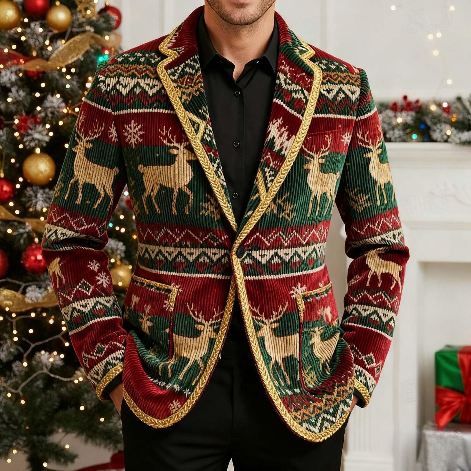 Chaqueta de pana de Navidad para hombre, chaqueta de pana divertida, chaqueta de Navidad, chaqueta de Navidad, manga larga, deportiva, traje festivo, diseño navideño, chaqueta de traje de