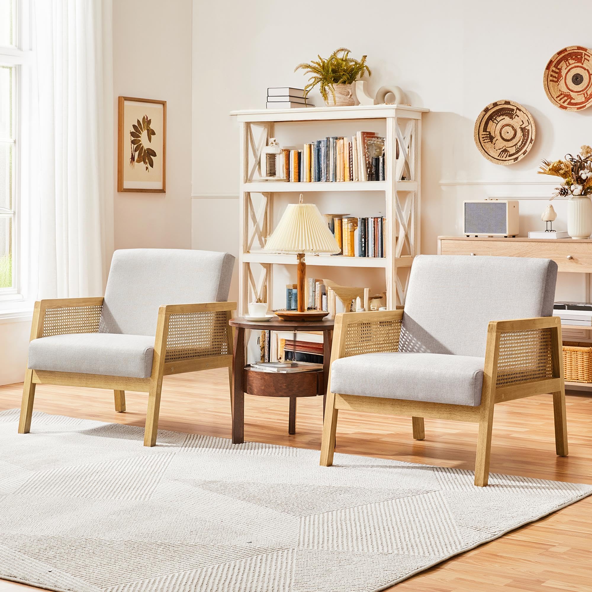 Yaheetech Fauteuil Salon en Rotin avec Coussins Rembourrés Moderne Beige