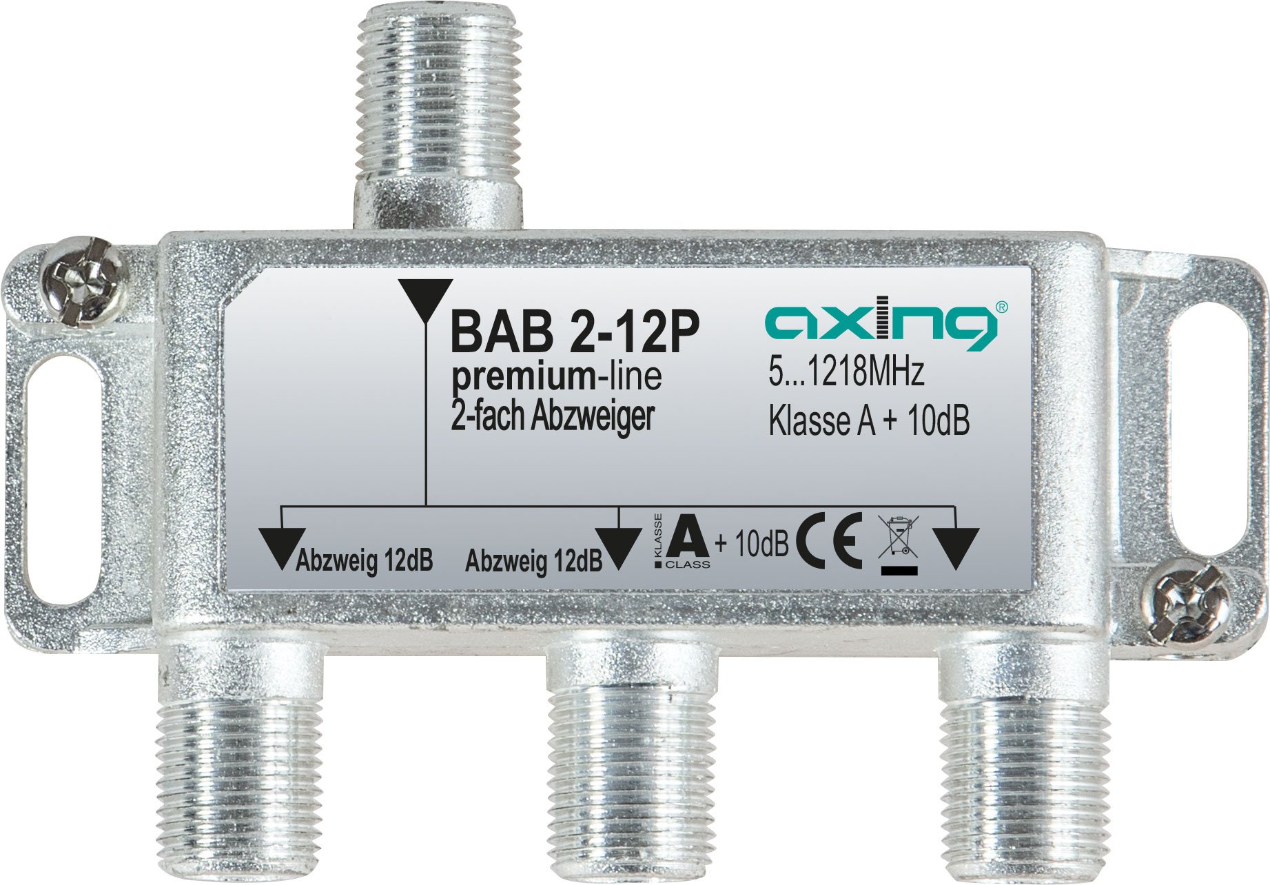 Axing BAB 2-12P 2-Way Splitter 12 dB Cable TV CATV Multimedia DVB-T2 Class A+, 10 dB, 5-1218 MHz Metal