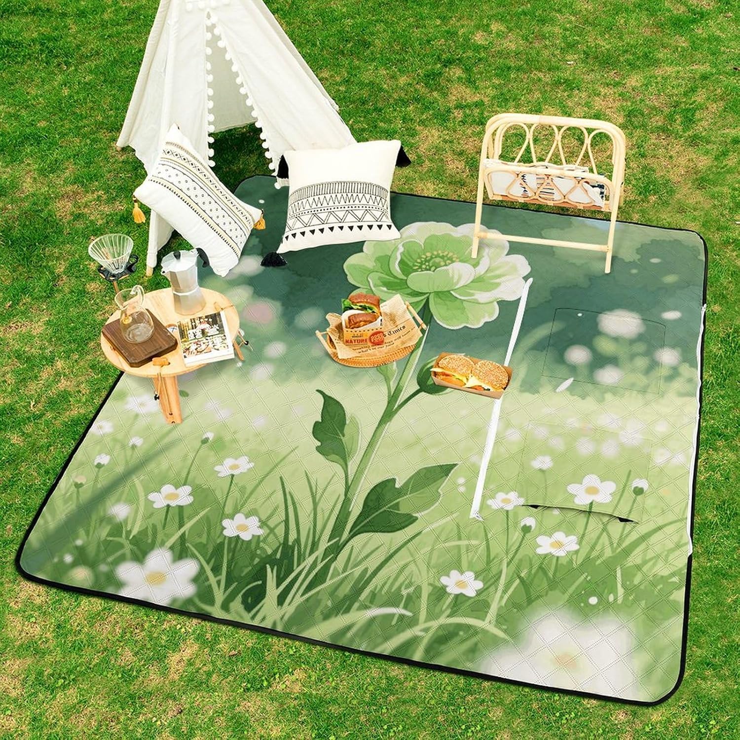 Green Flower Picnic Blanket with Zipper Water Resistant Sand Free Picnic Mat Washable Foldable Easy Carry Beach Blanket for Lawn Beach Hiking Camping
