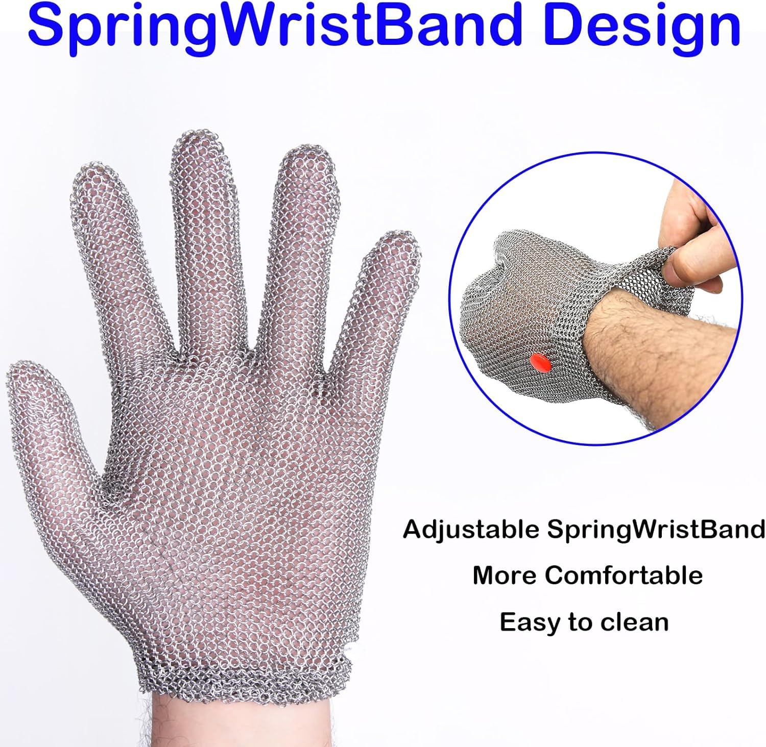 Gants anti-coupures en acier inoxydable avec dragonne à ressort - Convient pour les bouchers et les cuisiniers - Gants de sécurité pour la cuisine et la transformation des aliments (S)