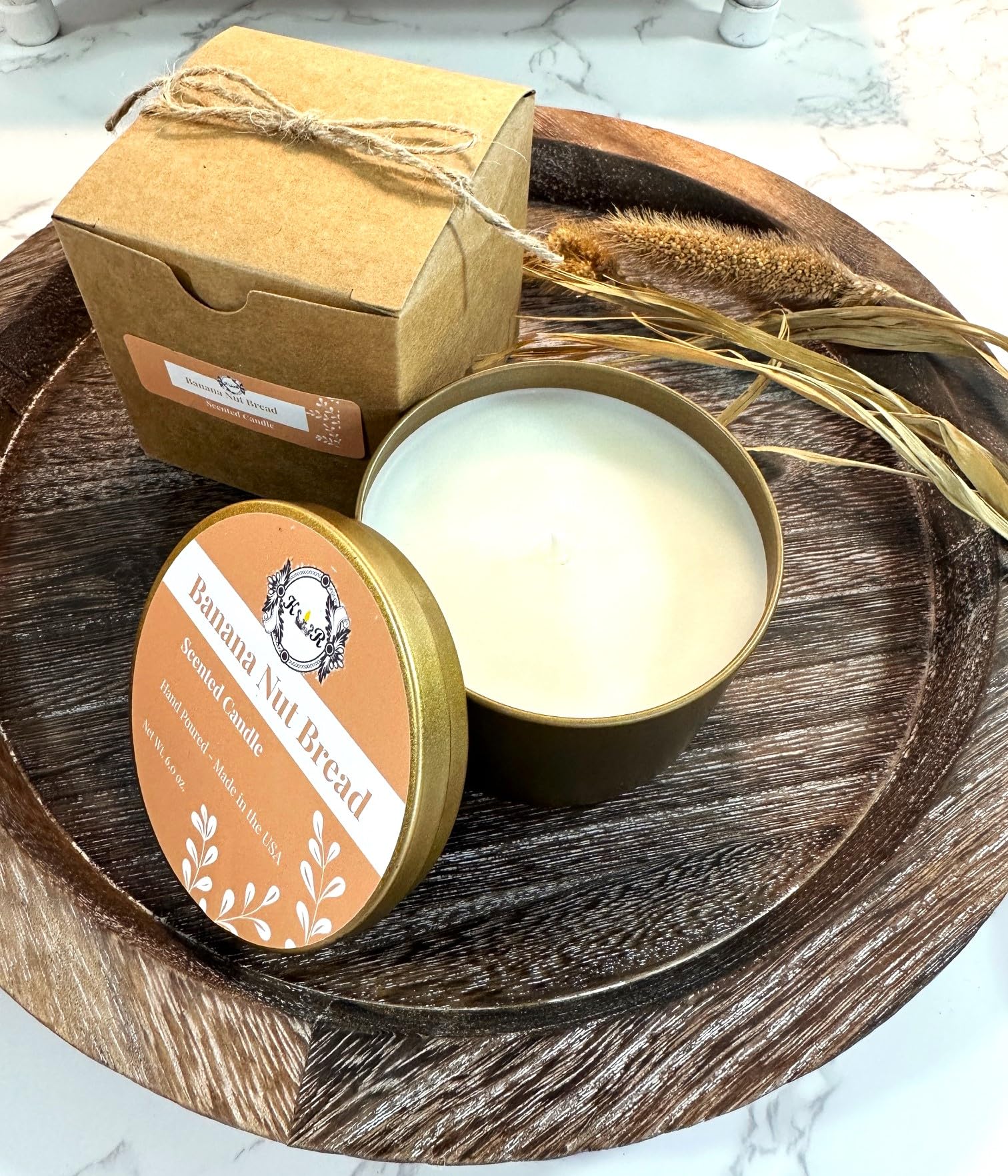 K_R Bake Shoppe Scented Candles Collection - Banana Nut Bread. Hand Poured. Notes of Banana, Sugared Cinnamon, Clove, Cream, Nut and Vanilla. Appx. 6.0 oz with 20-30 hrs Burn time.