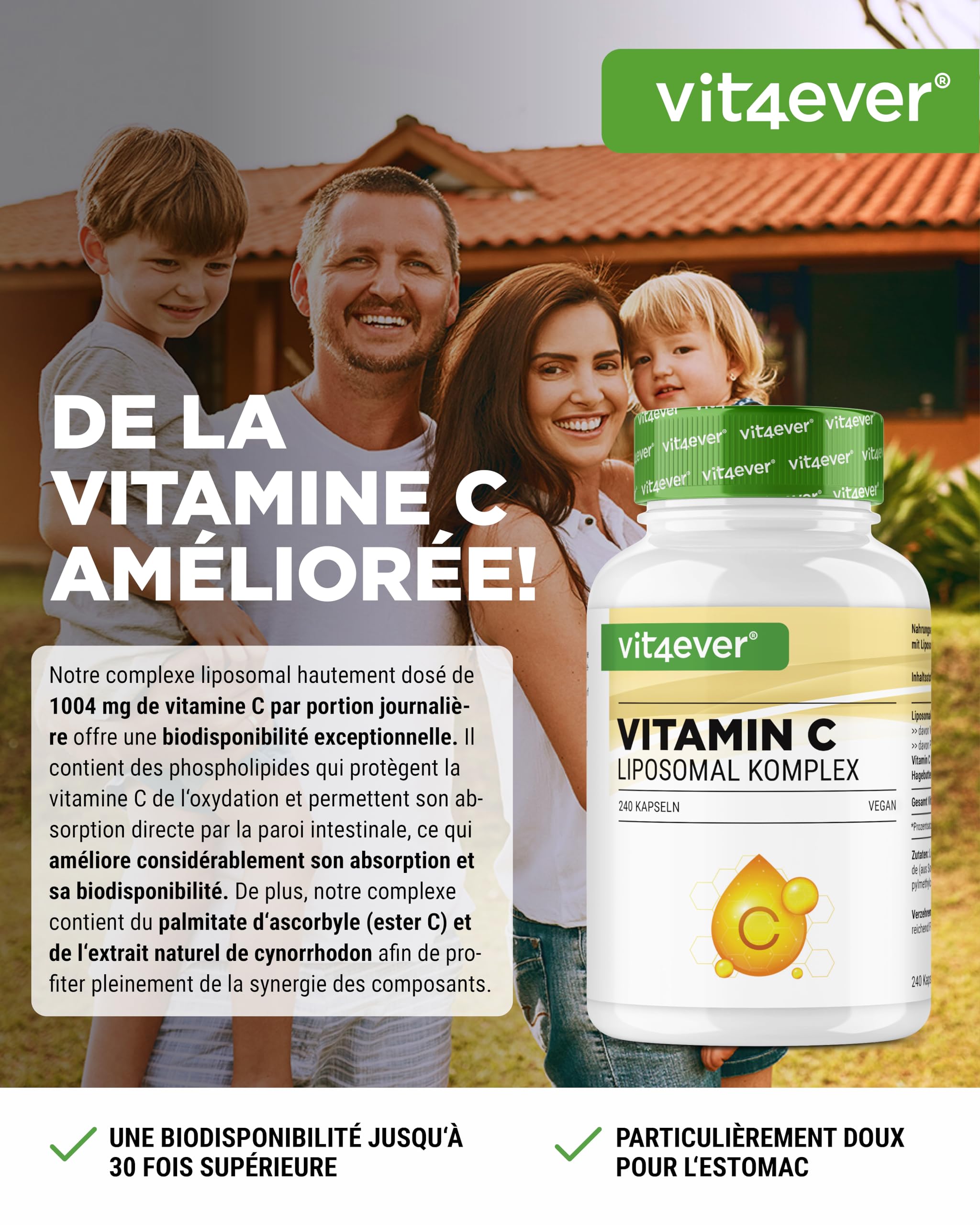 vit4ever Vitamine C Liposomale - 240 Gélules Végétaliennes - Premium : Hautement Dosée avec 1000 mg de Vitamine C Pure par Jour - Biodisponibilité Particulièrement Élevée