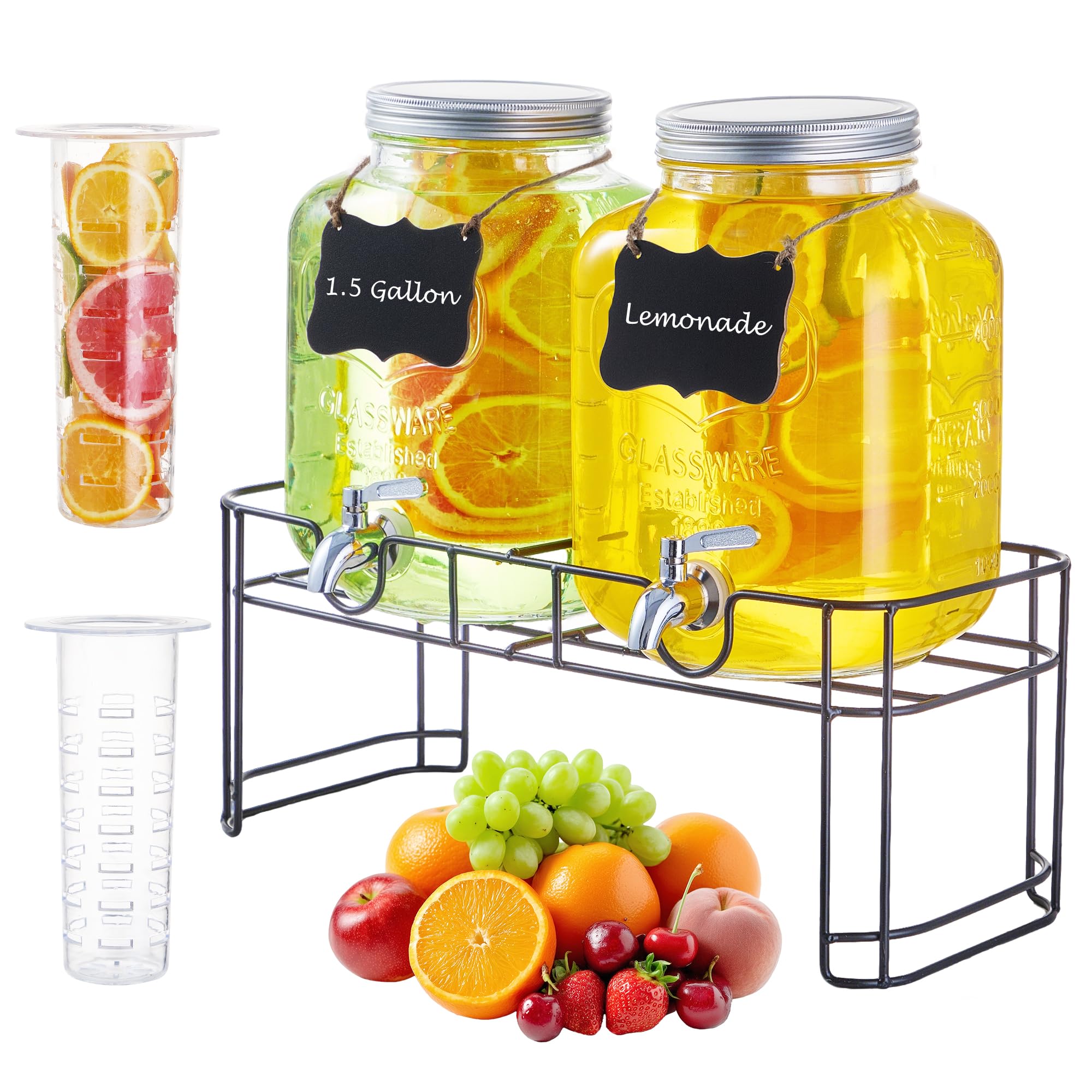 View 1 of 1.5 Gallon Glass Drink Dispensers for Parties, 2PACK Beverage Dispenser with Stand, Ice Cylinder and Stainless Steel Spigot 100% Leakproof, Beverage Dispenser for Lemonade Sun Tea