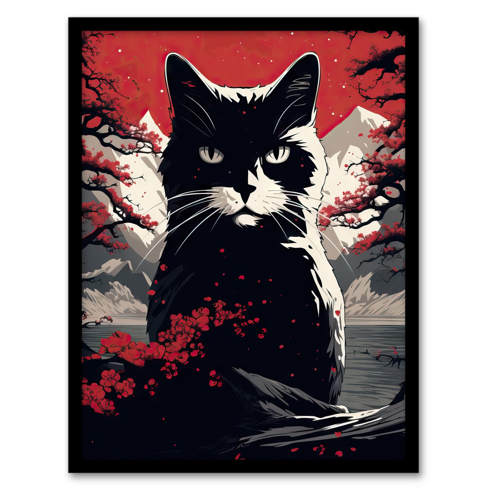 Black Cat Wall Art Print - Ukiyo Japan Style - Red Black White Modern Artwork - Framed - A4 Size