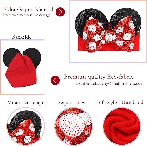Miniatura 5 de 3 diademas grandes con orejas de ratón para bebé y niña, con lazo de lentejuelas, banda ancha de nailon turbante, diadema de parque temático,