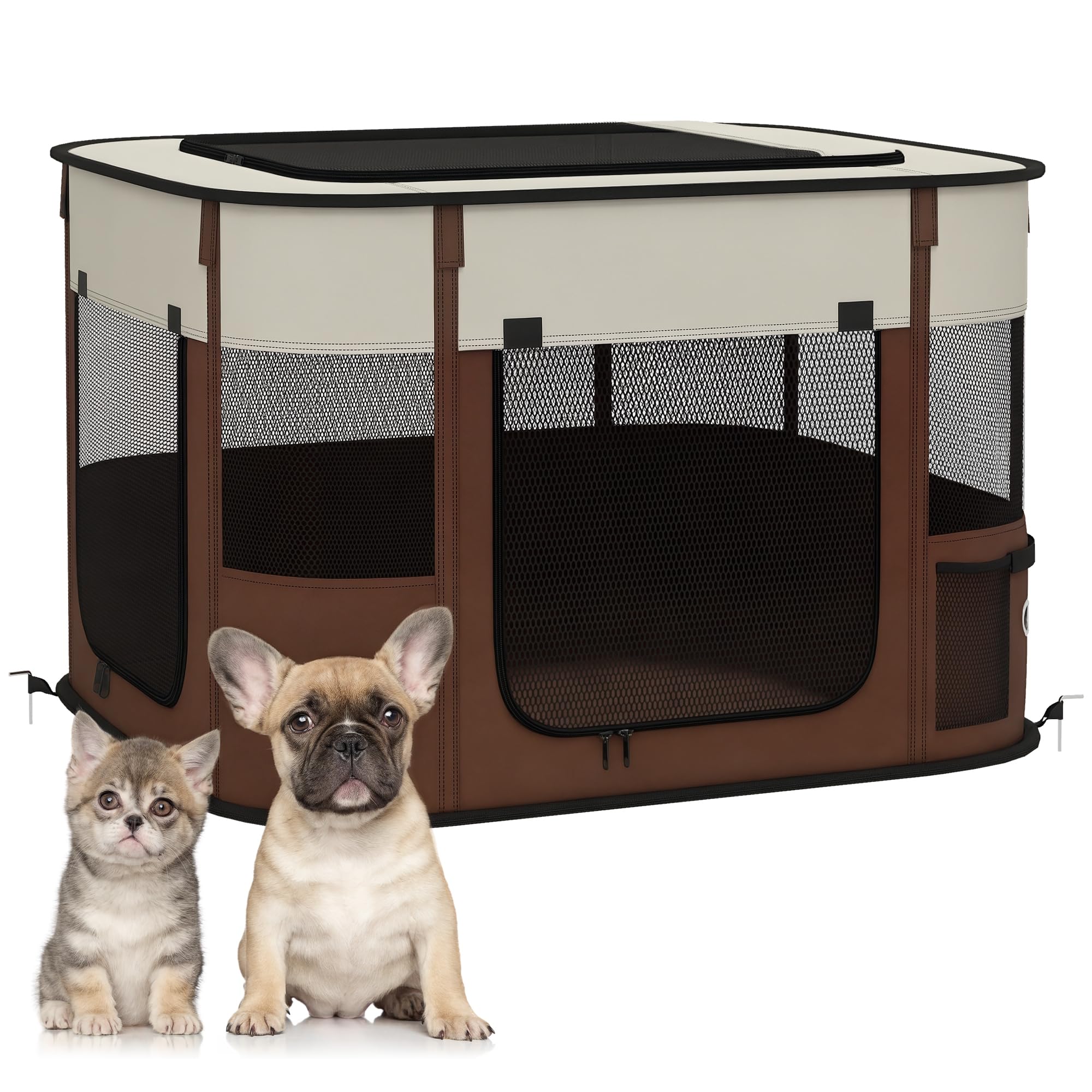 PawHut Box per Animali Domestici con 6 Finestre, 3 Porte e 2 Borse Portaoggetti, Recinto per Cani in Tessuto Oxford e Acciaio, 74x60x45 cm, Marrone