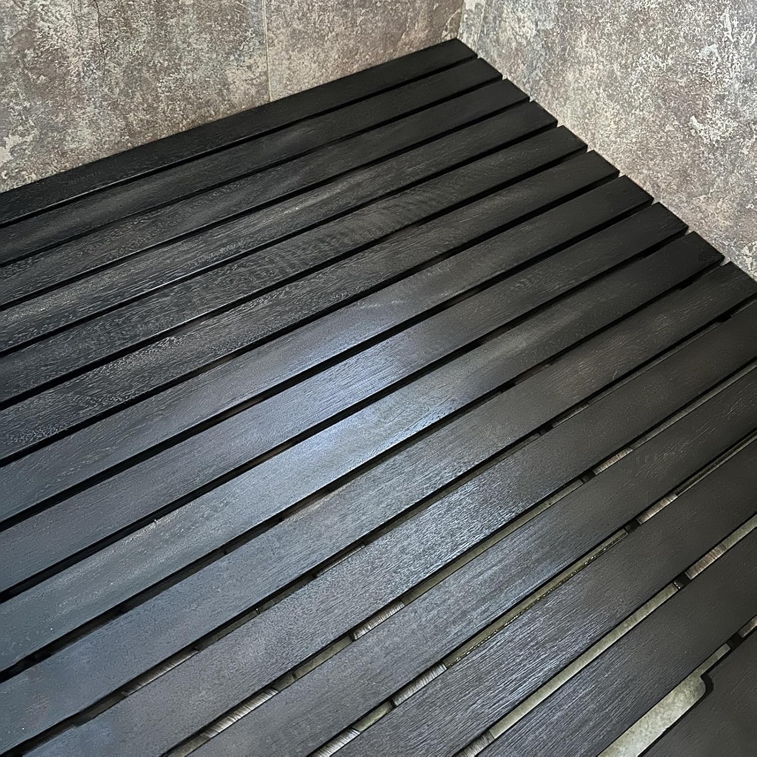 Alfombrilla de baño de Madera maciza Negra, peldaños de ducha para Interior y External, peldaños de baño Grandes antideslizantes, alfombrilla de desagüe de colocación Natural(40 x 50 cm)
