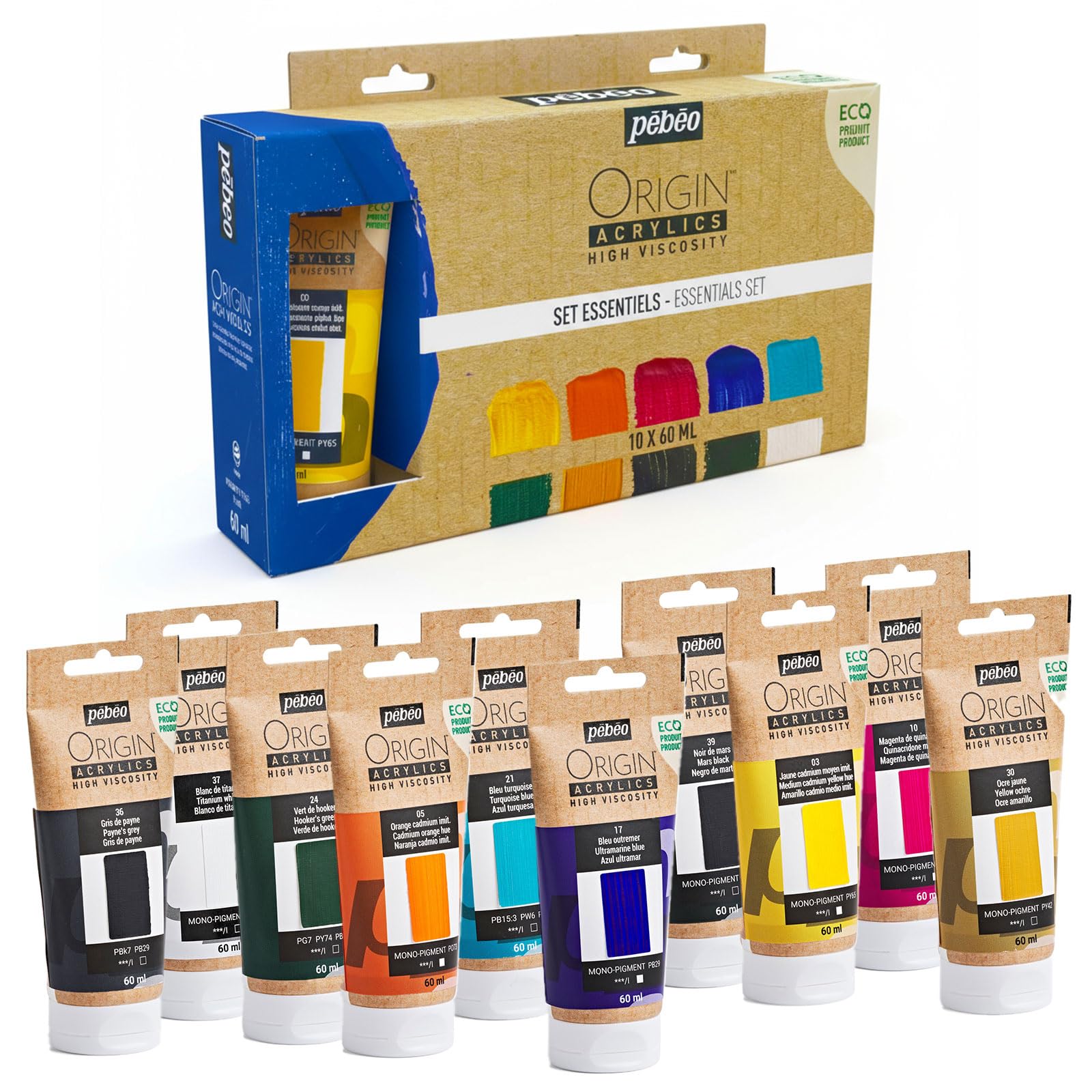Pébéo - Origin Acrylics - Set Essentiel 10x60 ml - Peinture Acrylique Éco-Conçue - Finition Mate - Liant 100% Recyclé - 96% de Matières Premières d’Origine Européenne - Assortiment de 10 couleurs