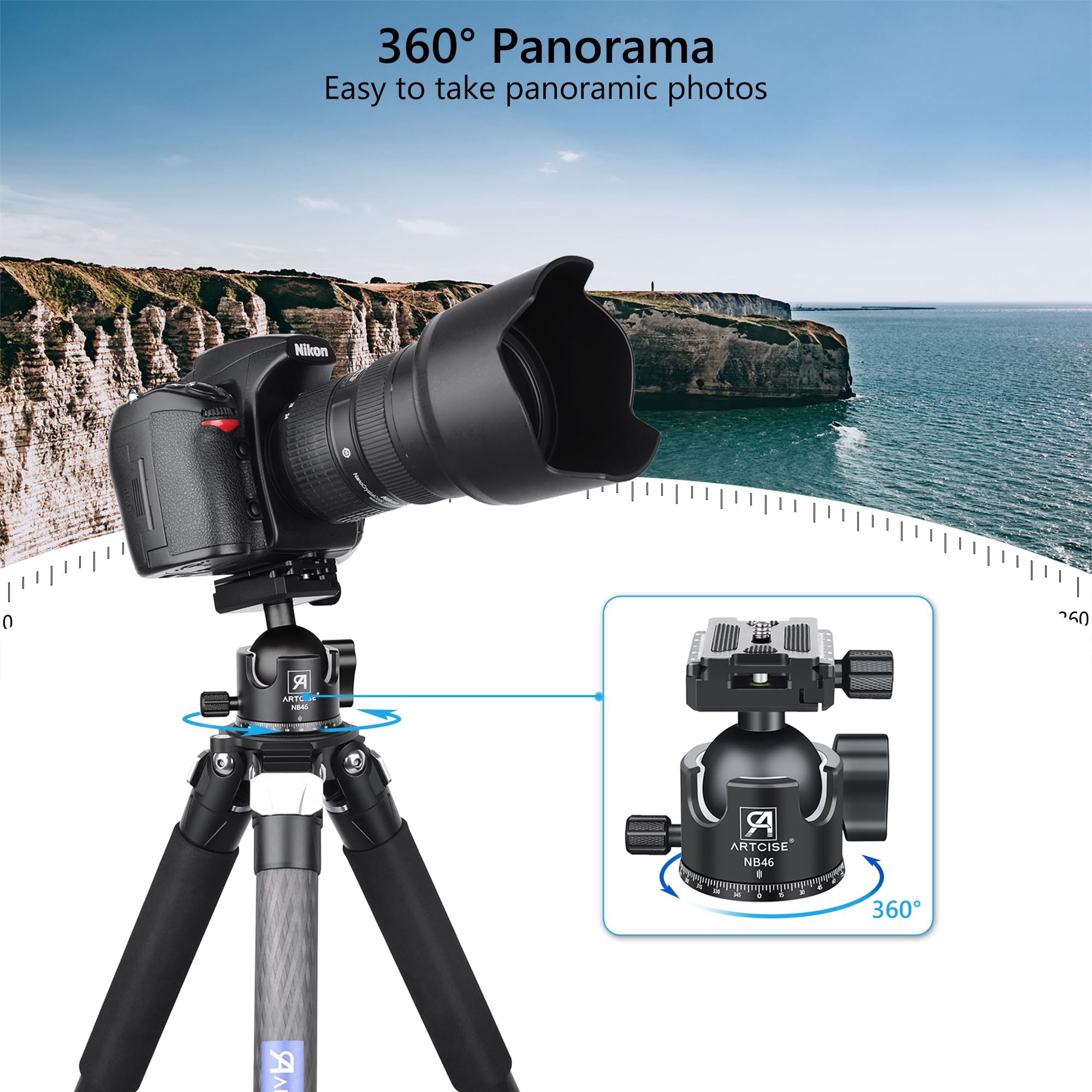 ARTCISE NB46 - Testa a sfera a basso profilo, 46 mm, resistente, con lavorazione CNC, con tre piastre a sgancio rapido da 1/4", per treppiedi, monopiede, DSLR, videocamera, carico massimo 25 kg