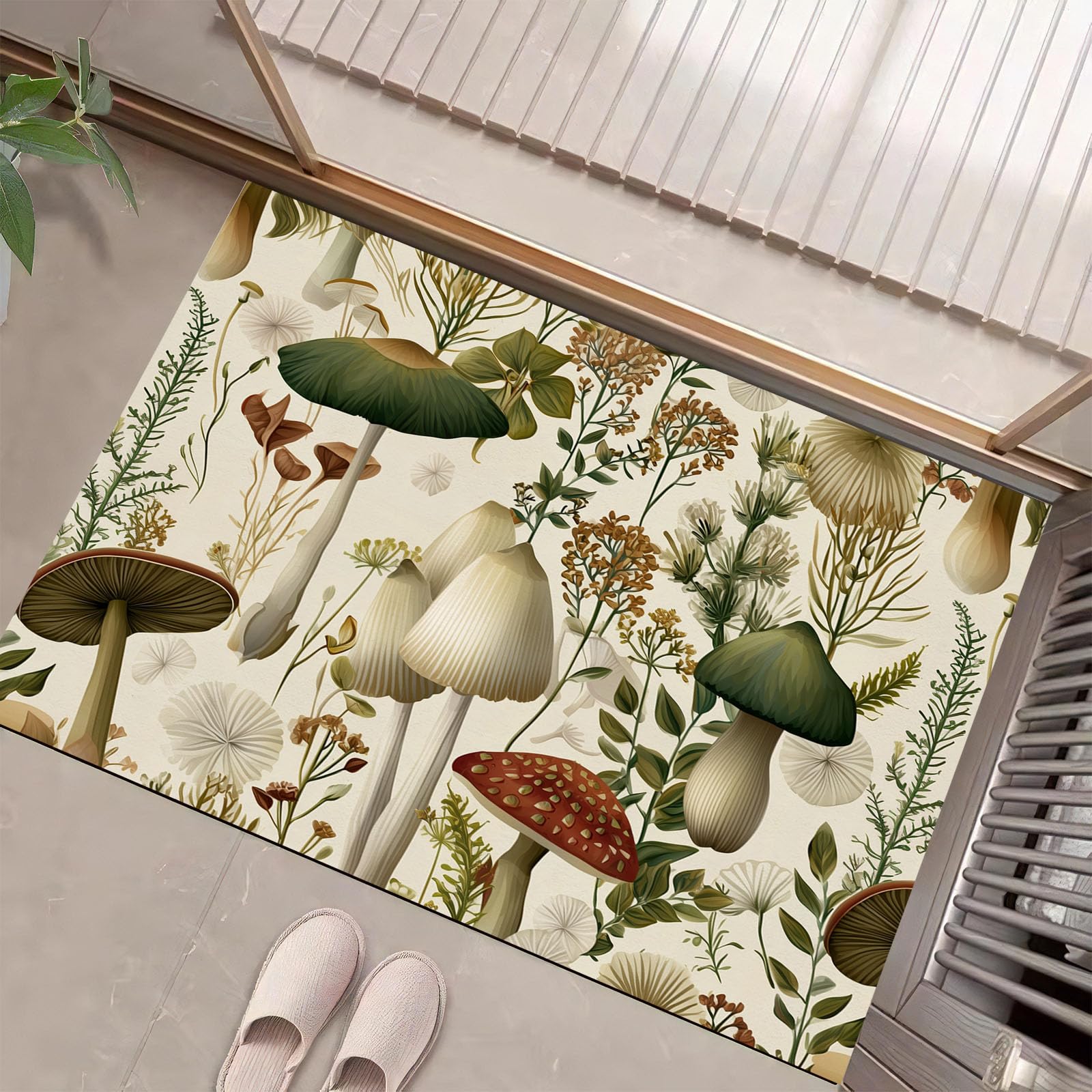 Paillasson Crème Champignons Fougères 90x150cm Tapis de Sol Forêt Botanique