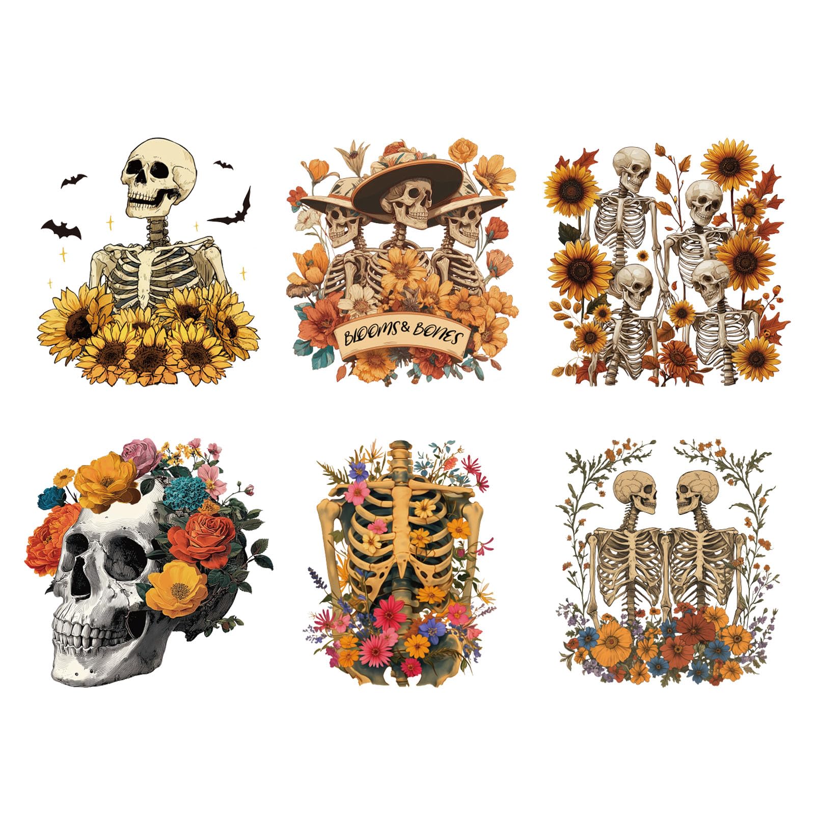 SUPERDANT 6PCS Skull and Flowers Iron On Transfer Patches Sunflowers Heat Transfer Stickers DIY Iron On Decals Washable Heat Transfers Paper for Woman Clothing Hoodie T-Shirt Bags Pillow Decor