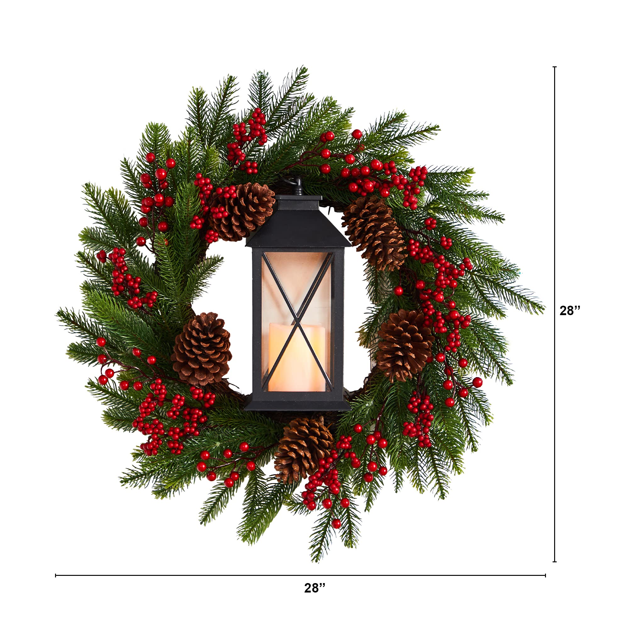 Nearly Natural Künstlicher Weihnachtskranz mit Laterne, 71 cm, Beeren und Kiefernholz