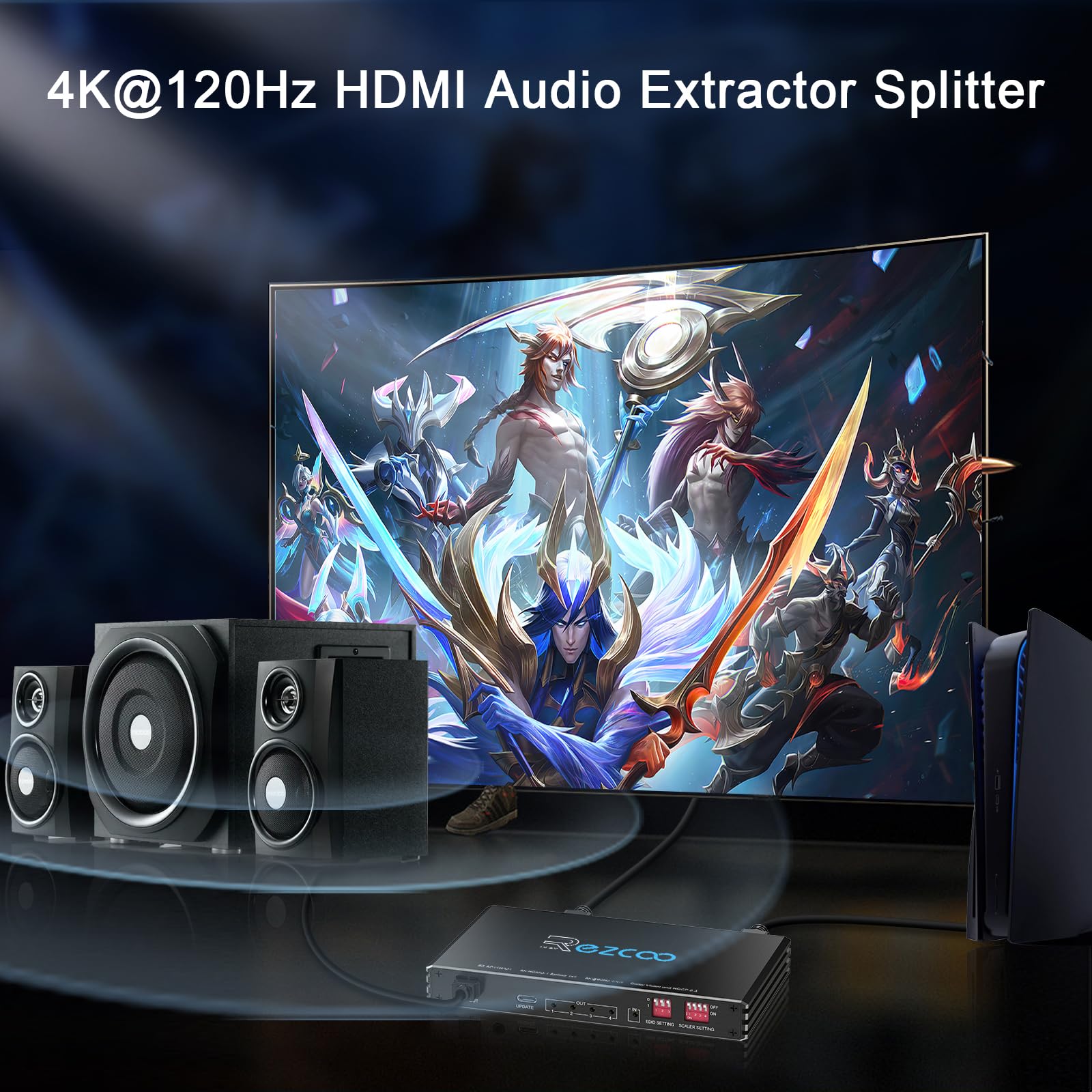 Divisor HDMI 2.1 4K 120Hz 1 EN 4 Salida con Extractor de Audio VRR ALLM HDCP2.3 HDR10+ Óptico SPDIF y Audio AUX de 3.5mm EDID Scaler 4K 1080P Divisor HDMI 1 EN 4 Salidas para PS5 Xbox NVIDIA
