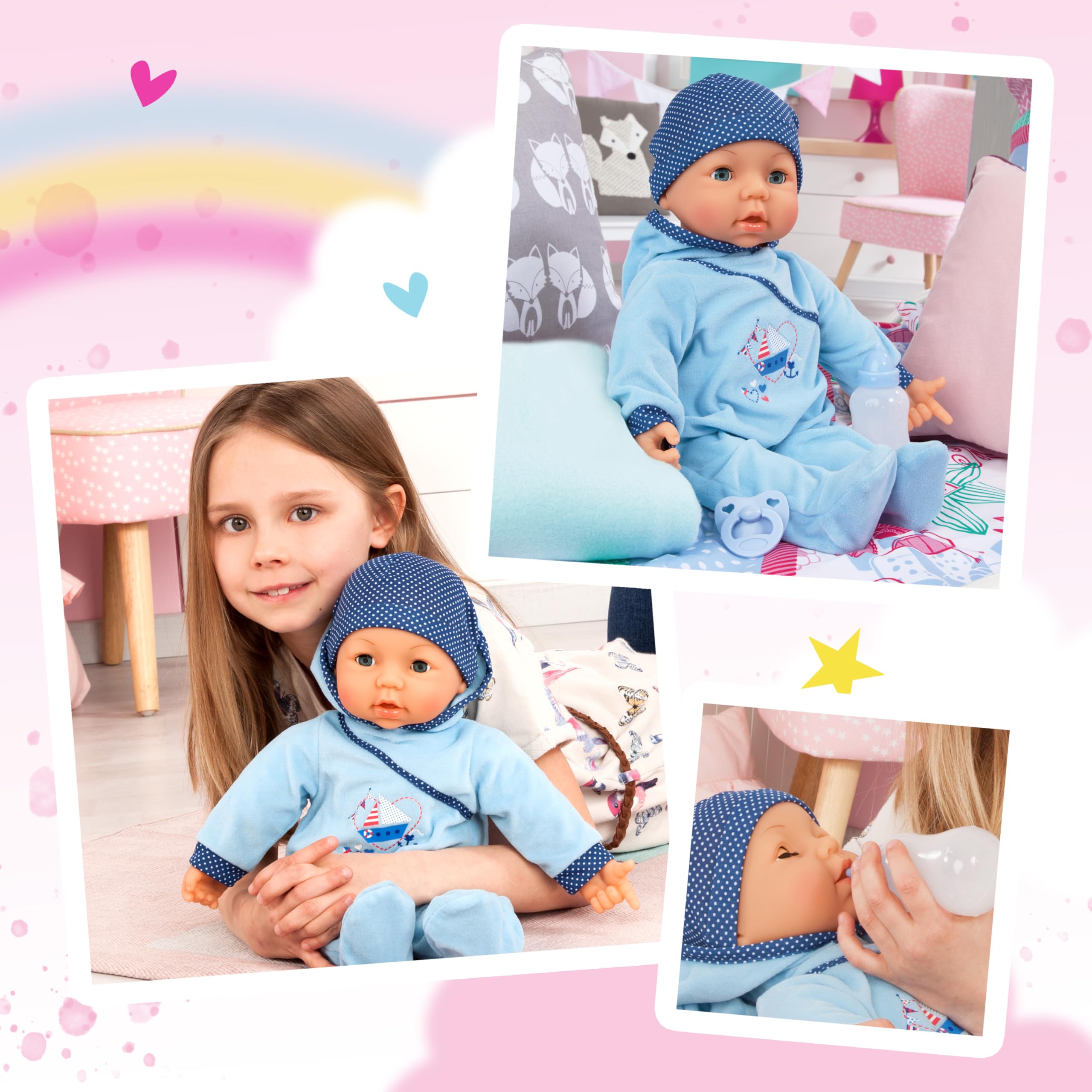 Lalka dziecięca chłopiec z funkcją Hello Baby 46 cm | z butelką dla dziecka i smoczkiem, porusza ustami, jasnoniebieski