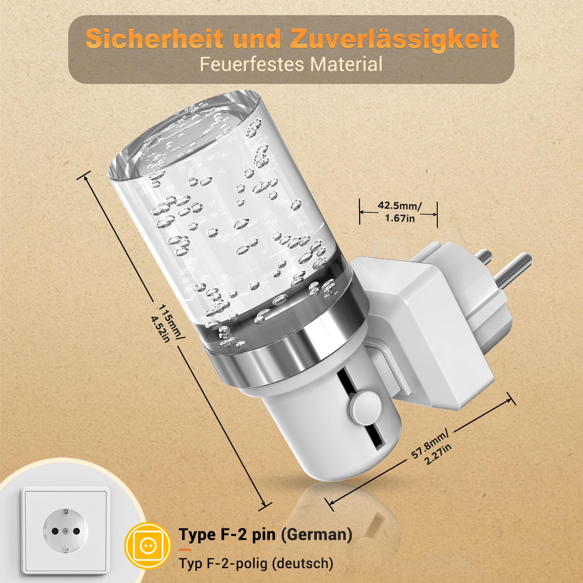 Luce Notturna JandCase Con Sensore Di Movimento E Crepuscolare, Dimmerabile 0-100 Lm, Bianco Caldo, Spina Tipo F Per Corridoio E Scale