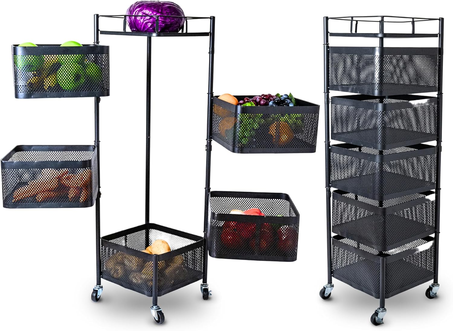 5-Tier Square Rotating Fruit Vegetable Basket - Home Storage Rack - Black Utility Cart No Assembly on Rolling Wheels for Kitchen, Bathroom, Bedroom – Heavy Duty Metal and Breathable Mesh