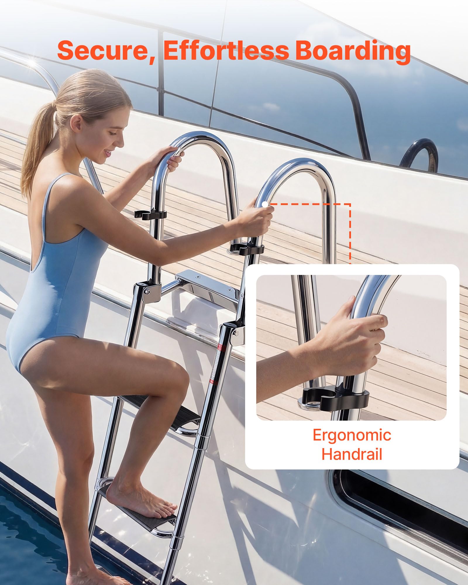 VEVOR Échelle de Bateau 4 Marches en Acier Inoxydable, Échelle de Baignade Télescopique et Pliante avec Mains Courantes pour Bateau Hors-Bord, Ponton et Yacht, Charge 272,16 kg, Marches Antidérapantes