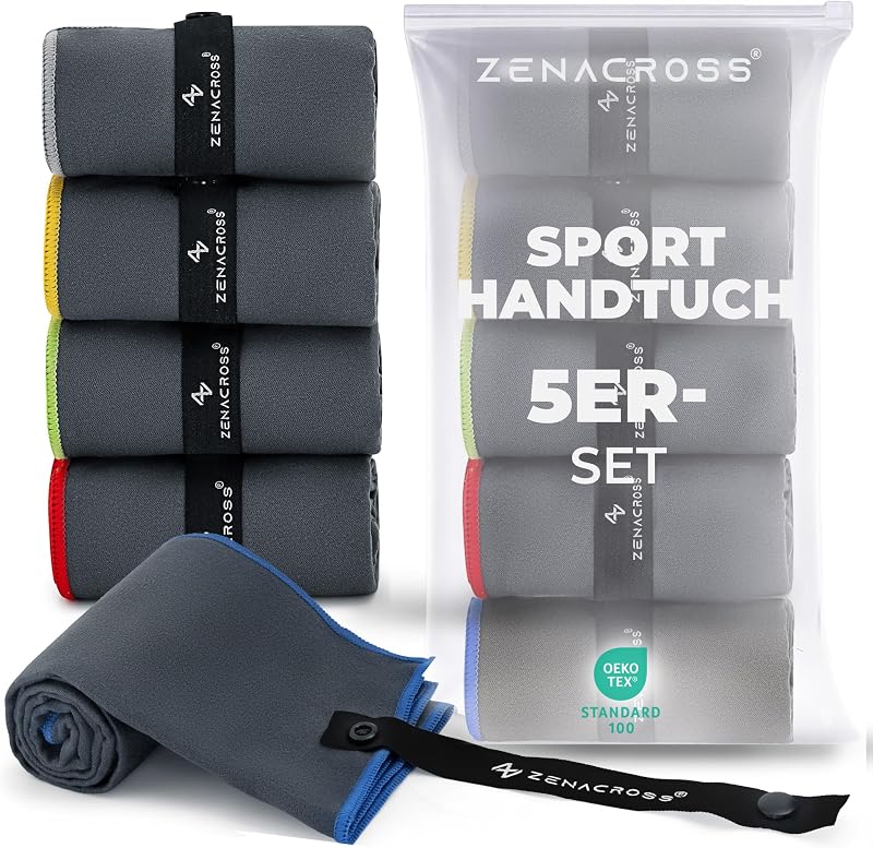 ZENACROSS Sporthandtuch Mikrofaser 5er-Set, 40 x 77 cm – Fitness Handtuch für Gym, Wandern, Reisen - Schnell Trocknend, Leicht & Saugfähig