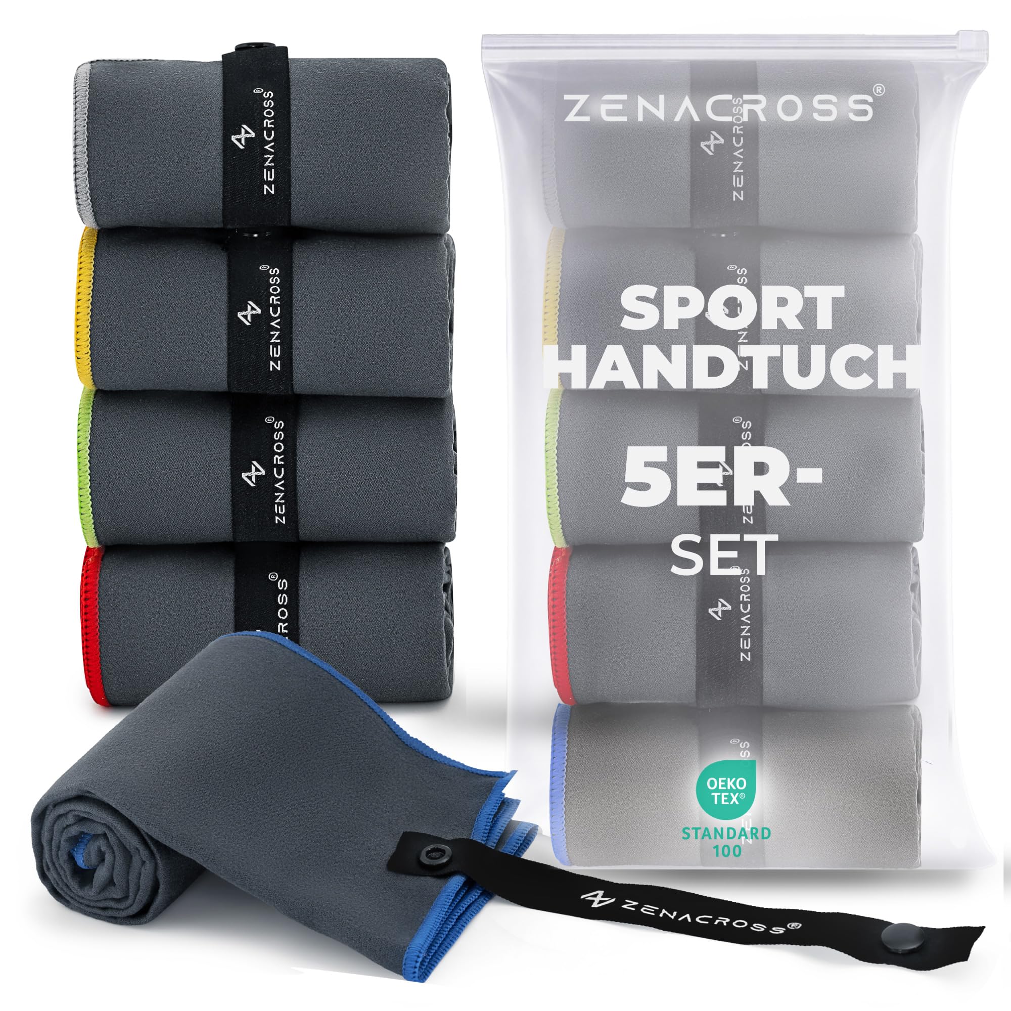ZENACROSS Sporthandtuch Mikrofaser 5er-Set, 40 x 77 cm – Fitness Handtuch für Gym, Wandern, Reisen - Schnell Trocknend, Leicht & Saugfähig