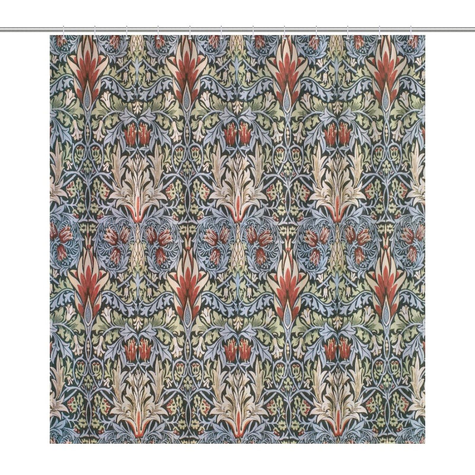 SXXLDNG William Morris Shower Curtain Green Plant Tree Vine Red Stamens with Blue Bird Print Bathroom Polyester Waterproof Shower Curtain with 12