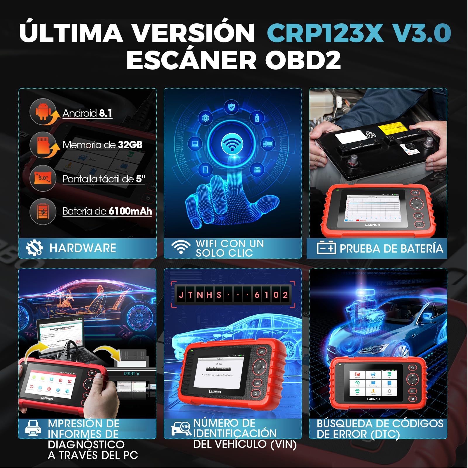 LAUNCH CRP123X V3.0 - OBD2 Diagnosis Coche Multimarca Profesional - Escáner 4 Sistemas, Reset EPB/DPF/Aceite, SAS/BMS/TPMS, Test de Batería, Lectura Vin con ACTUALIZACIONES Gratis DE por Vida