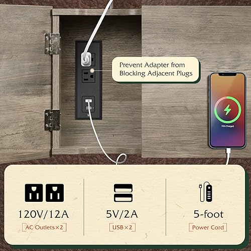 Miniatura 4 de WLIVE Mesa auxiliar estrecha con 2 puertos USB y 2 tomacorrientes, mesa auxiliar abatible con cajón y estantes de almacenamiento, mesita de noche