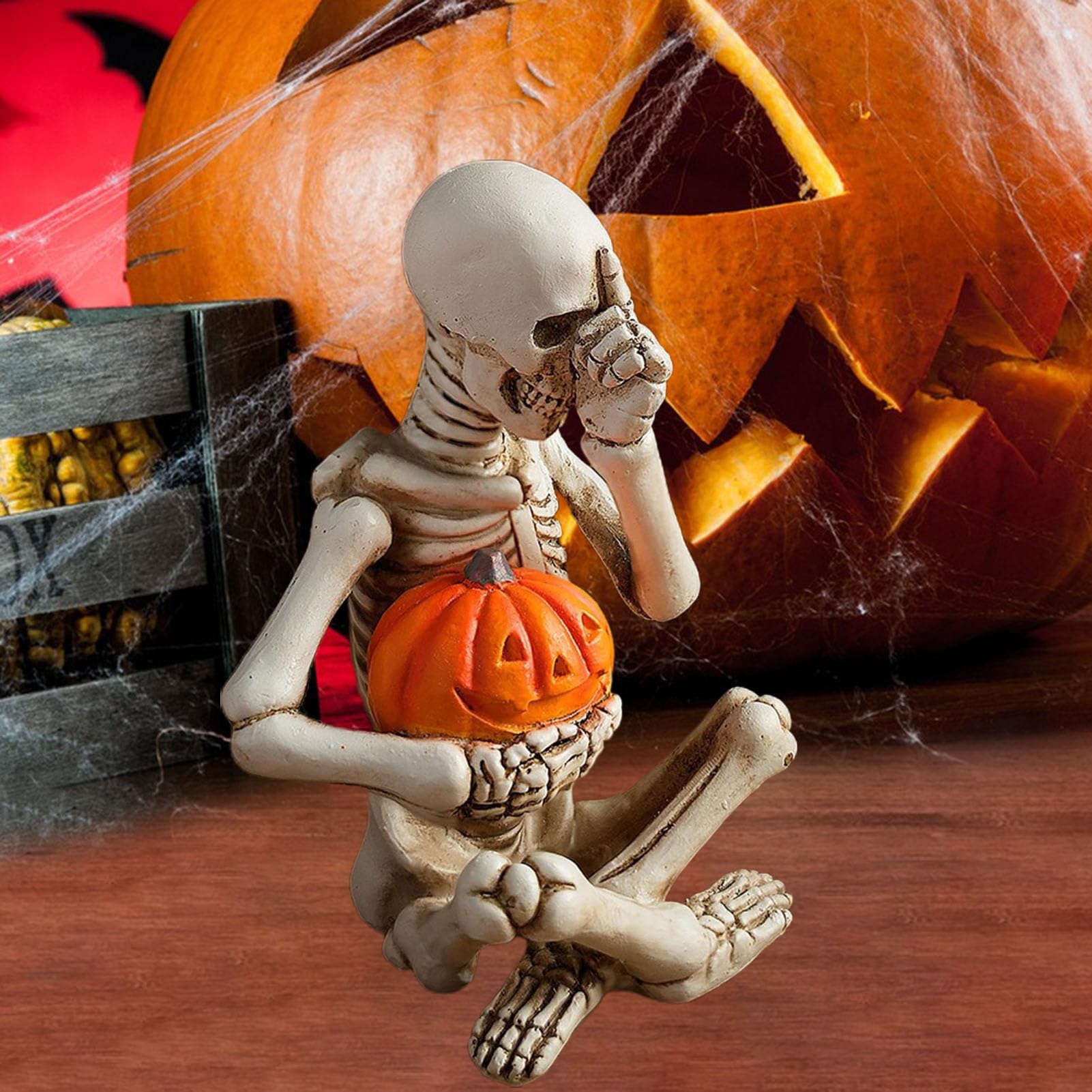 Ghjkldha Figurines De Squelette De Citrouille D'Halloween En Résine | Décoration Effrayante En Forme De Citrouille Sans Entendre Ni Voir Ni Parler | Figurines Décoratives Pour La Maison, La Maison