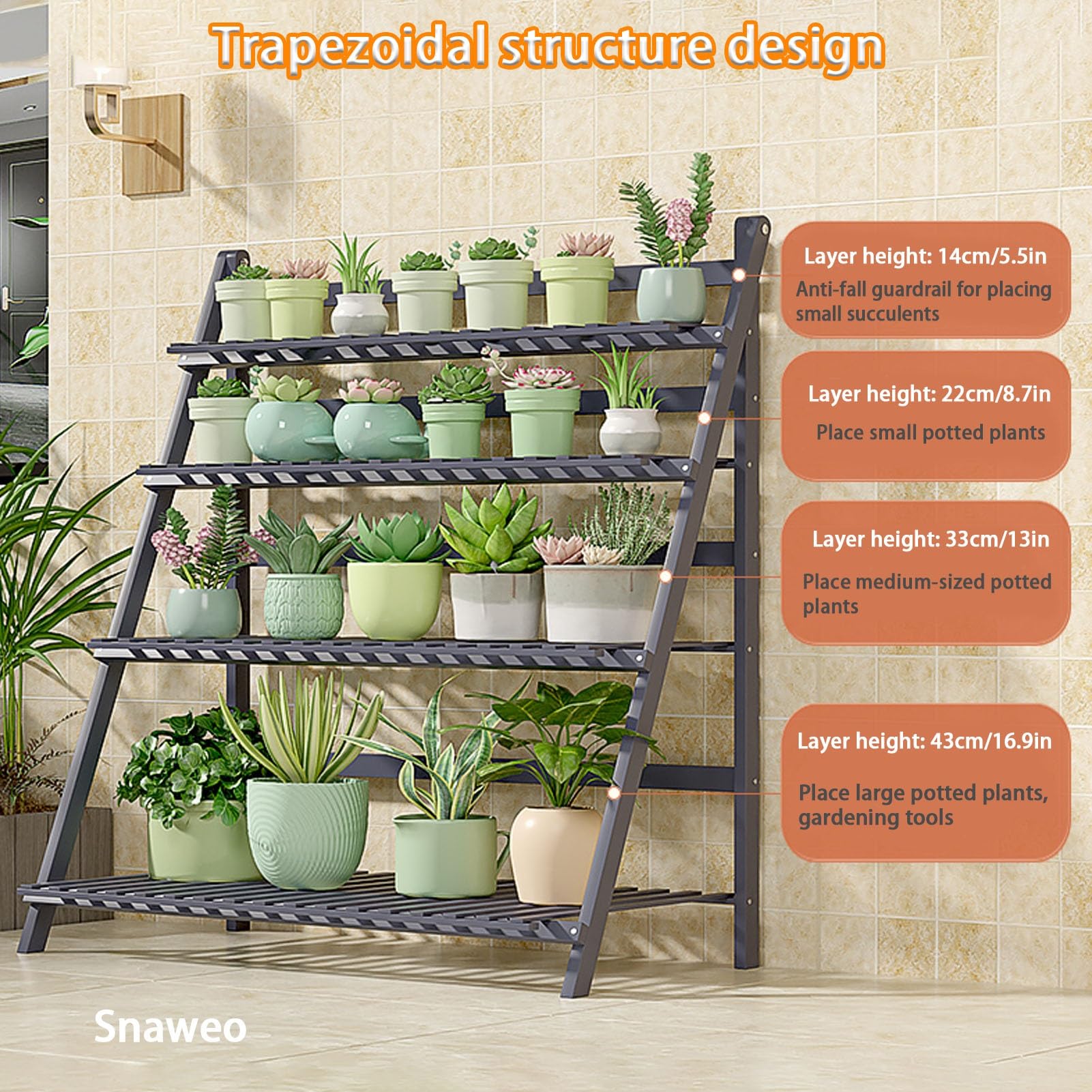 Support pliable en bambou à 4 niveaux pour terrasse, balcon, jardin, support de pot de fleurs multifonction avec design échelle (marron, 50 cm)