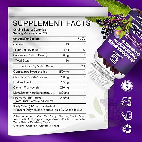 Miniatura 2 de Gomitas de condroitina de glucosamina, extra fuerte 1500 mg de glucosamina con MSM y saúco, suplemento de apoyo para las articulaciones, el mejor