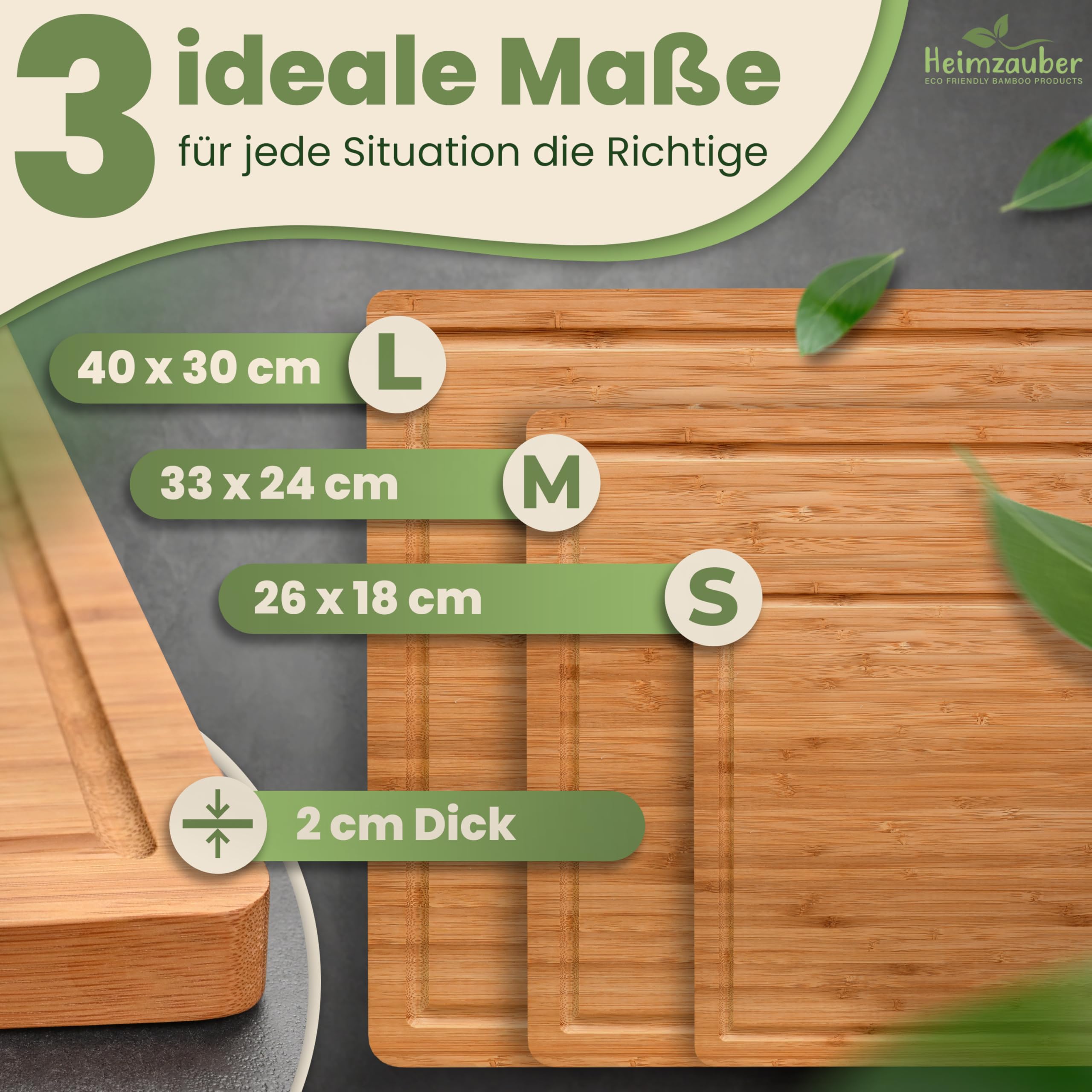 Schneidebrett Holz 3er Set | Premium Frühstücksbrettchen | Bambus Massiv 2cm dick | inkl. Ständer | Holzbrett Servierplatte mit Saftrille für die Küche