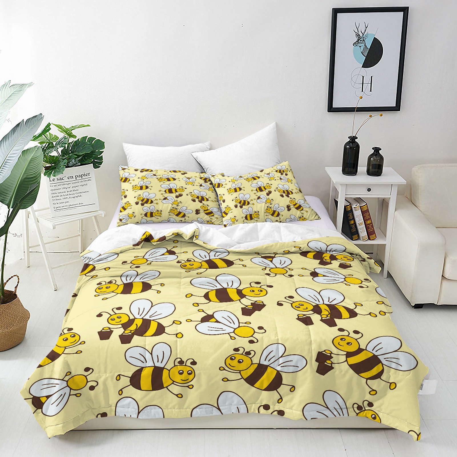 ANHOPE Custom Duvet Cover Set Customized Size 3 Pcs Bedding Set for All Season Cute Cartoon Animal Bees 3D Printed Pattern Personalised Quilt Cover for Kids Adults Birthday Wedding