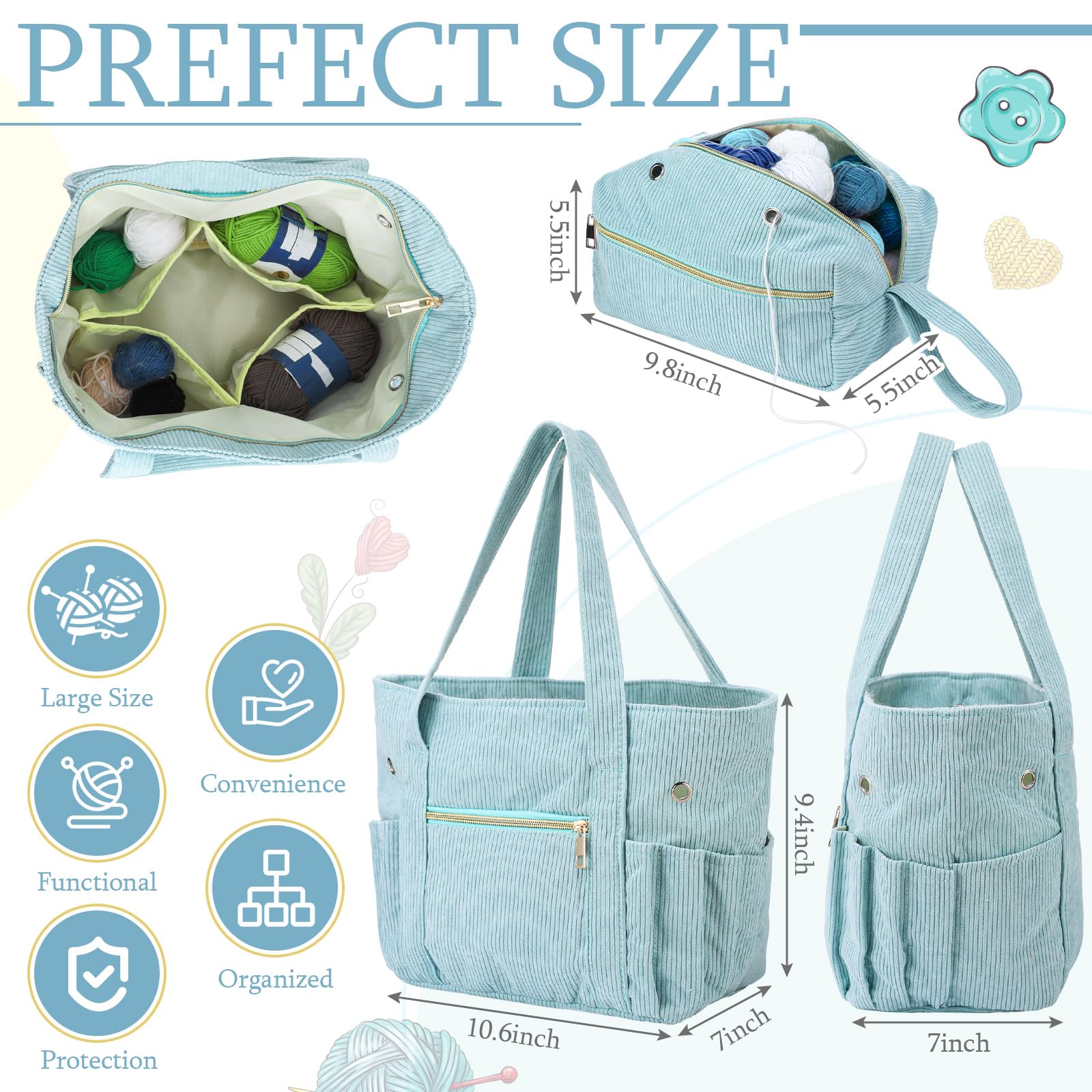 Juego de 2 bolsas de ganchillo y bolsa de pana para ganchillo, bolsa de ganchillo para ganchos de ganchillo, organizador de hilo para regalo de Navidad, amantes del ganchillo, bolsa de tejer