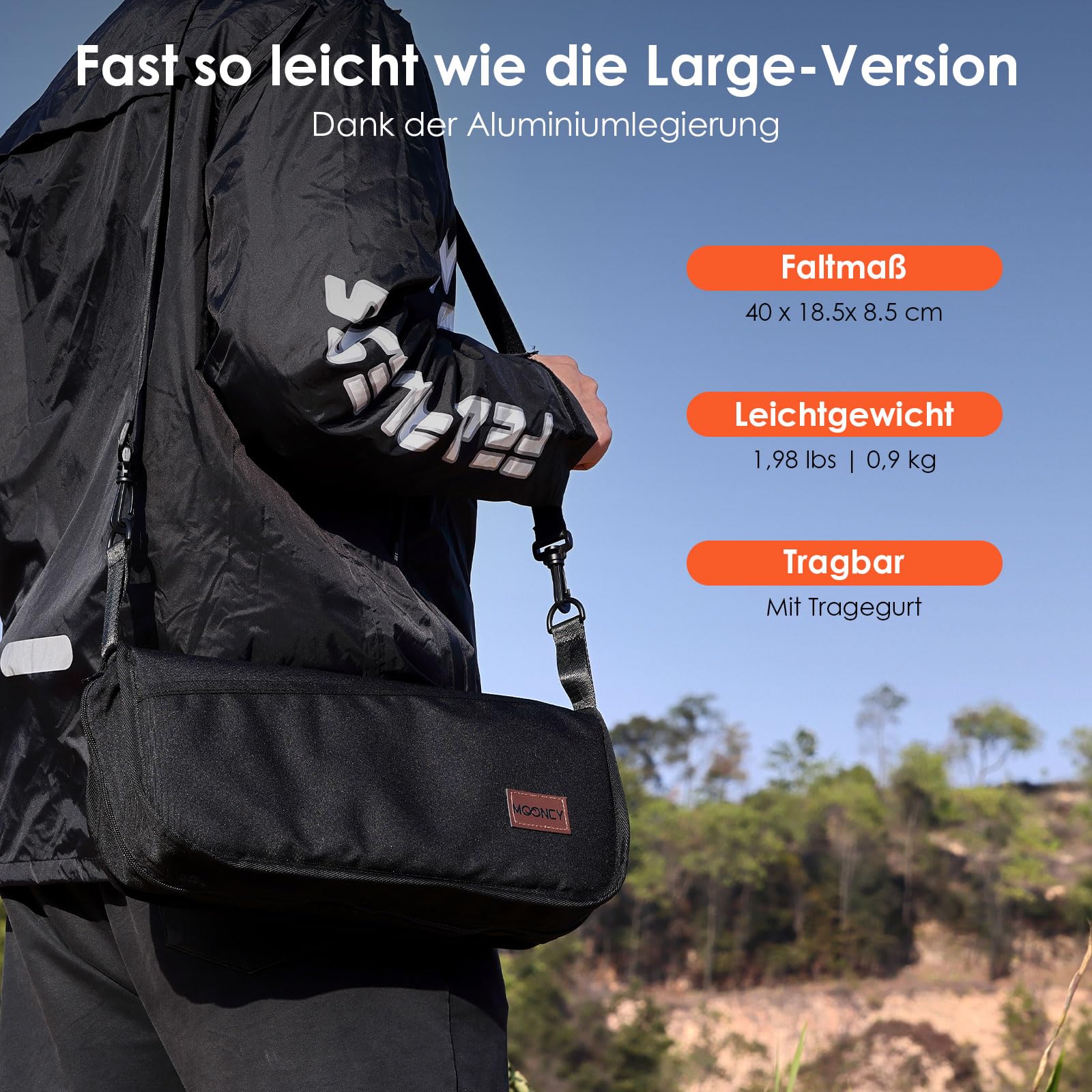 MOONCY Klapphocker Faltbar aus Aluminium, 40 × 37,5 × 39 cm, Extra Großer Falthocker bis 135 kg Belastbar, Leichter Campinghocker für Wandern, Angeln und Outdoor, Schwarz