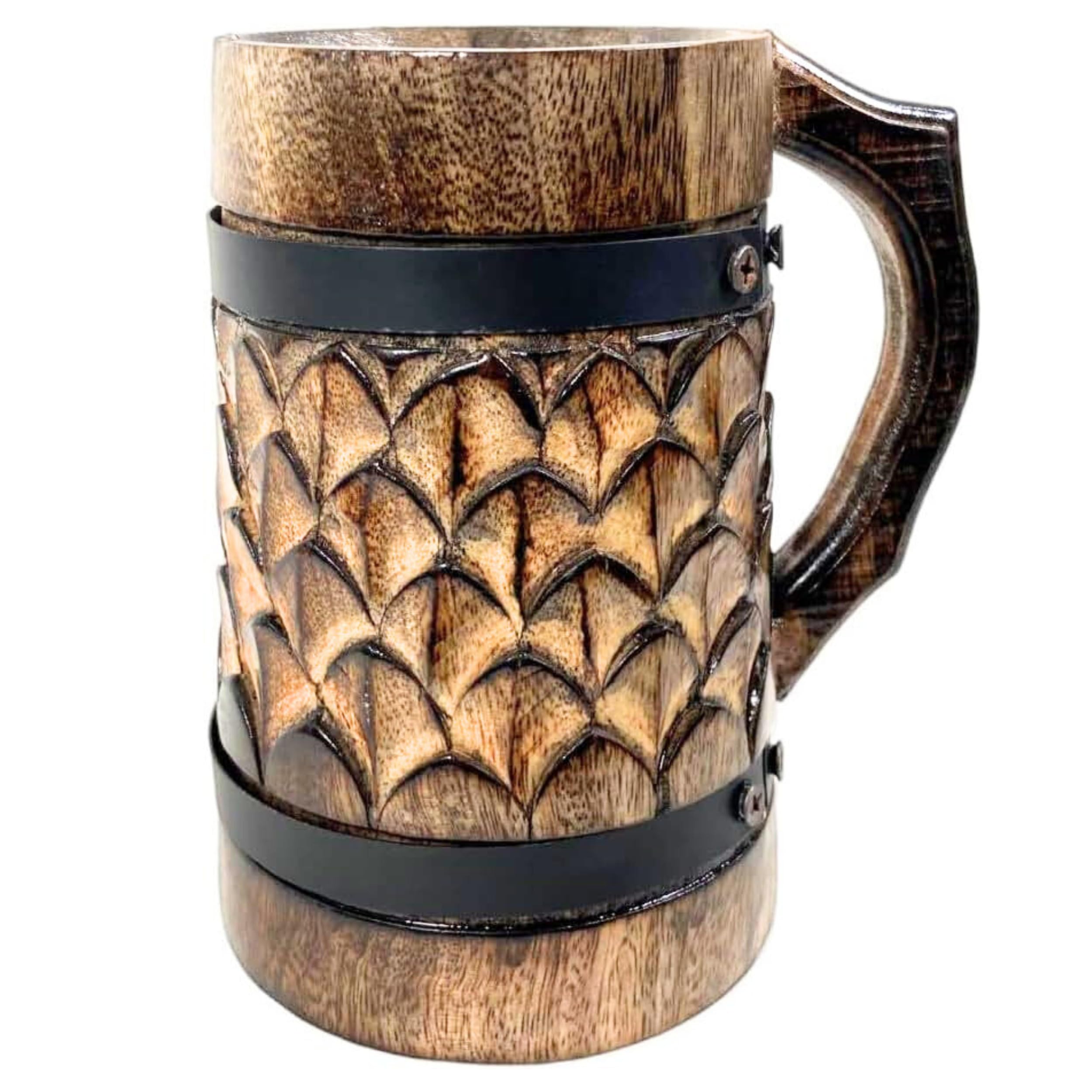 Antique Wooden Beer Mug with Pineapple Design | Rustic Viking Style Tankard Stein with Waterproof Polish | Drinkware Cup & Home Bar Decor Gift