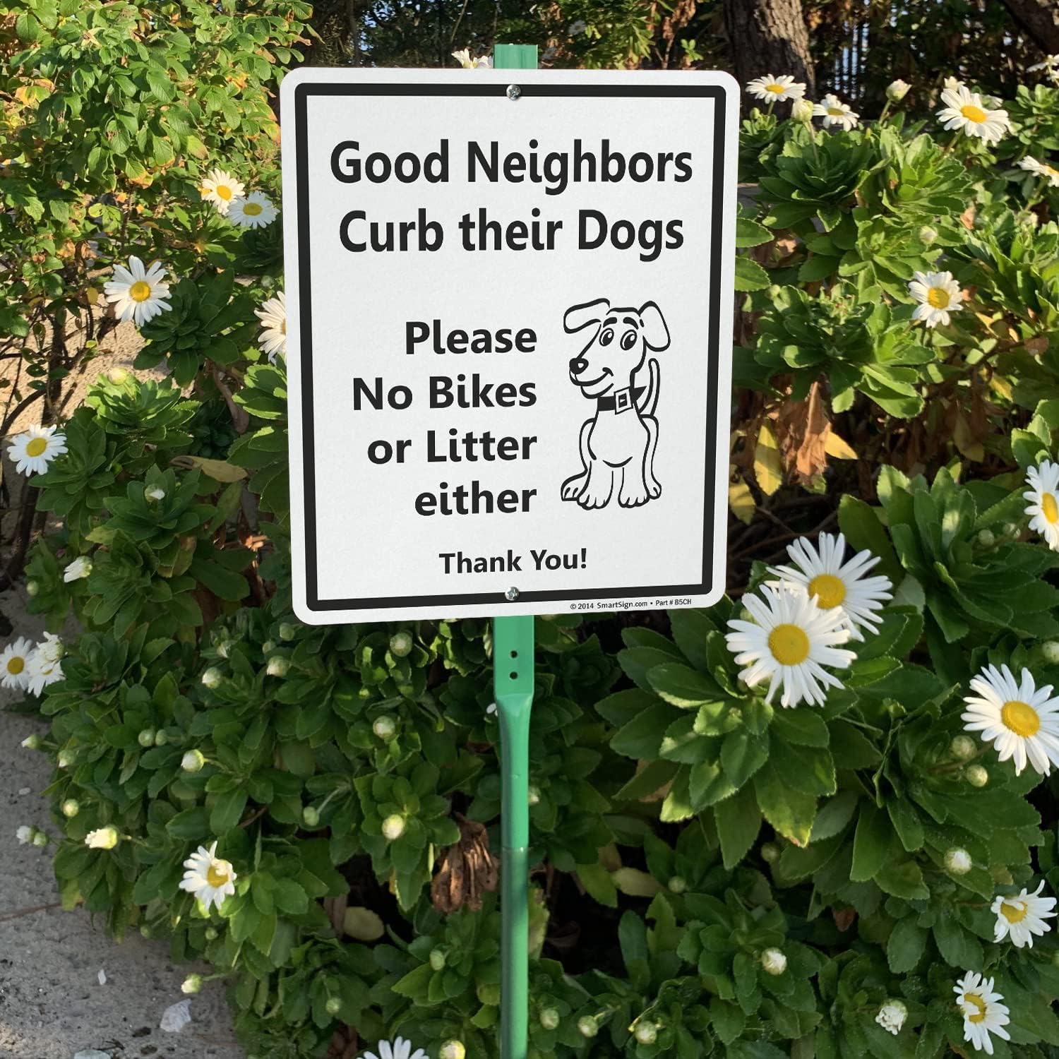 SmartSign "Good Neighbors Curb Their Dogs, Please No Bikes Or Litter Either" LawnBoss® Sign | 10" x 12" Aluminum Sign with 3' Stake
