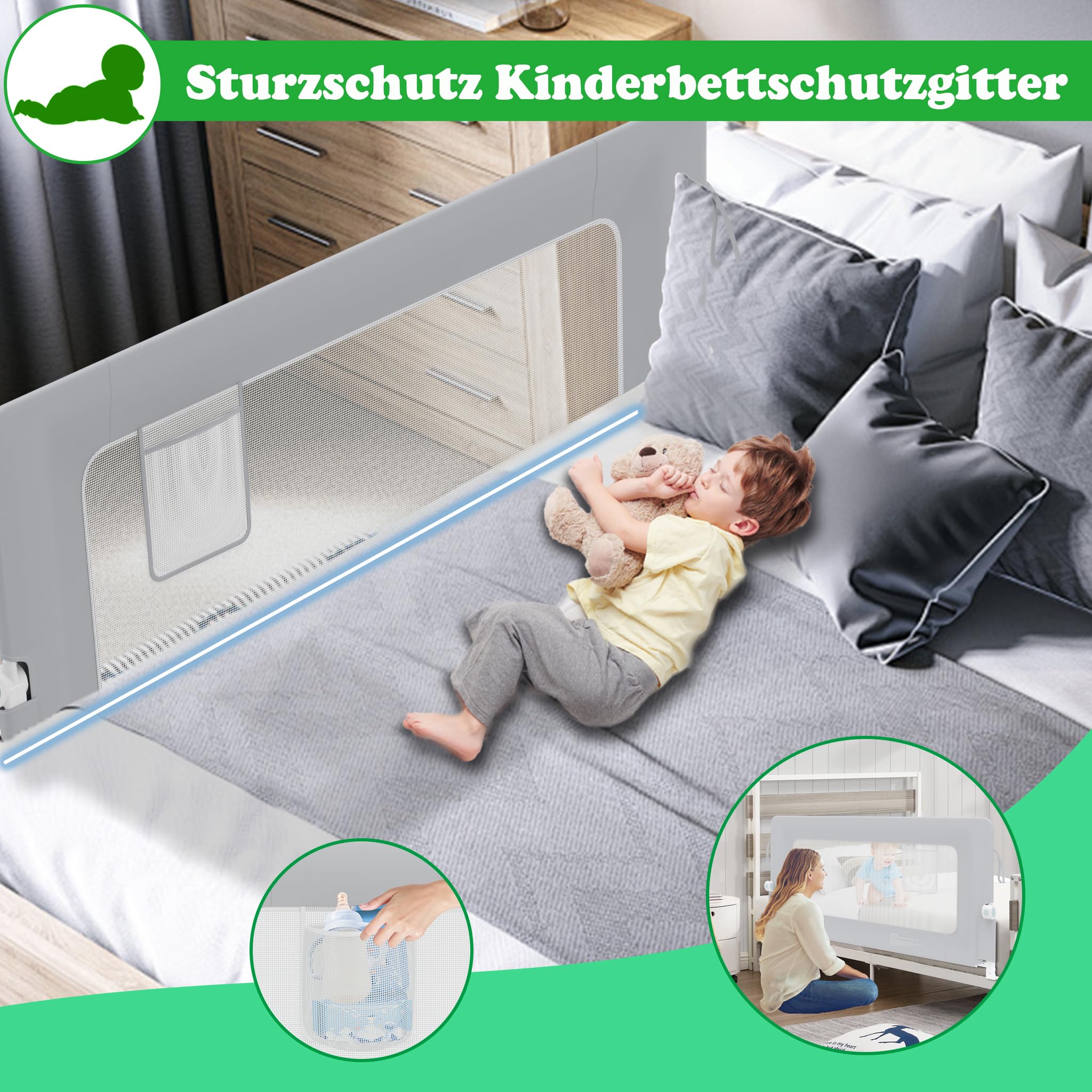 SUBTLETY Barrera de seguridad para cama de bebé de 1 lado, juego de barandilla plegable de 72 a 86 cm de altura ajustable, protección contra caídas, con bolsillos, 200 cm, para habitaciones de bebés y