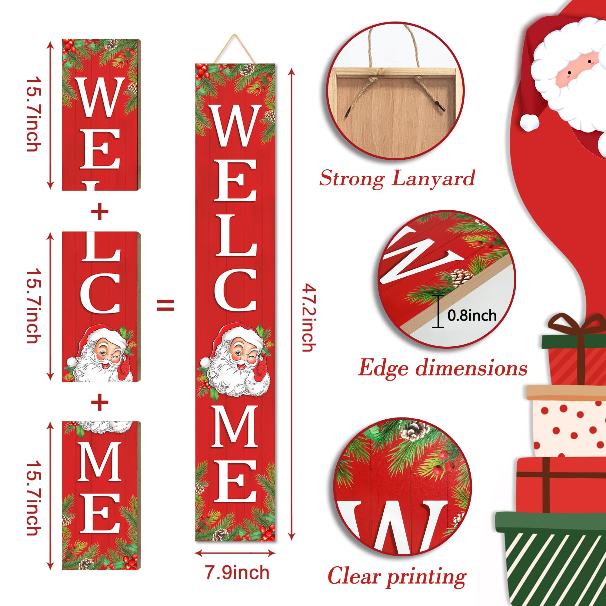 Letrero de madera de Navidad para porche, 47 pulgadas, diseño de Papá Noel, letrero grande de bienvenida para el hogar, puerta delantera, patio, decoración de fiesta (rojo)