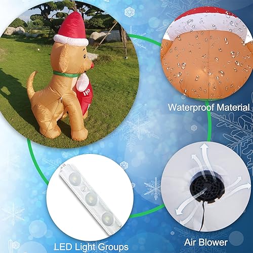 Miniatura 3 de Bonito perro inflable de Navidad de 5 pies de alto con sombrero de Navidad y calcetín para decoración de fiesta de patio al aire libre (perro