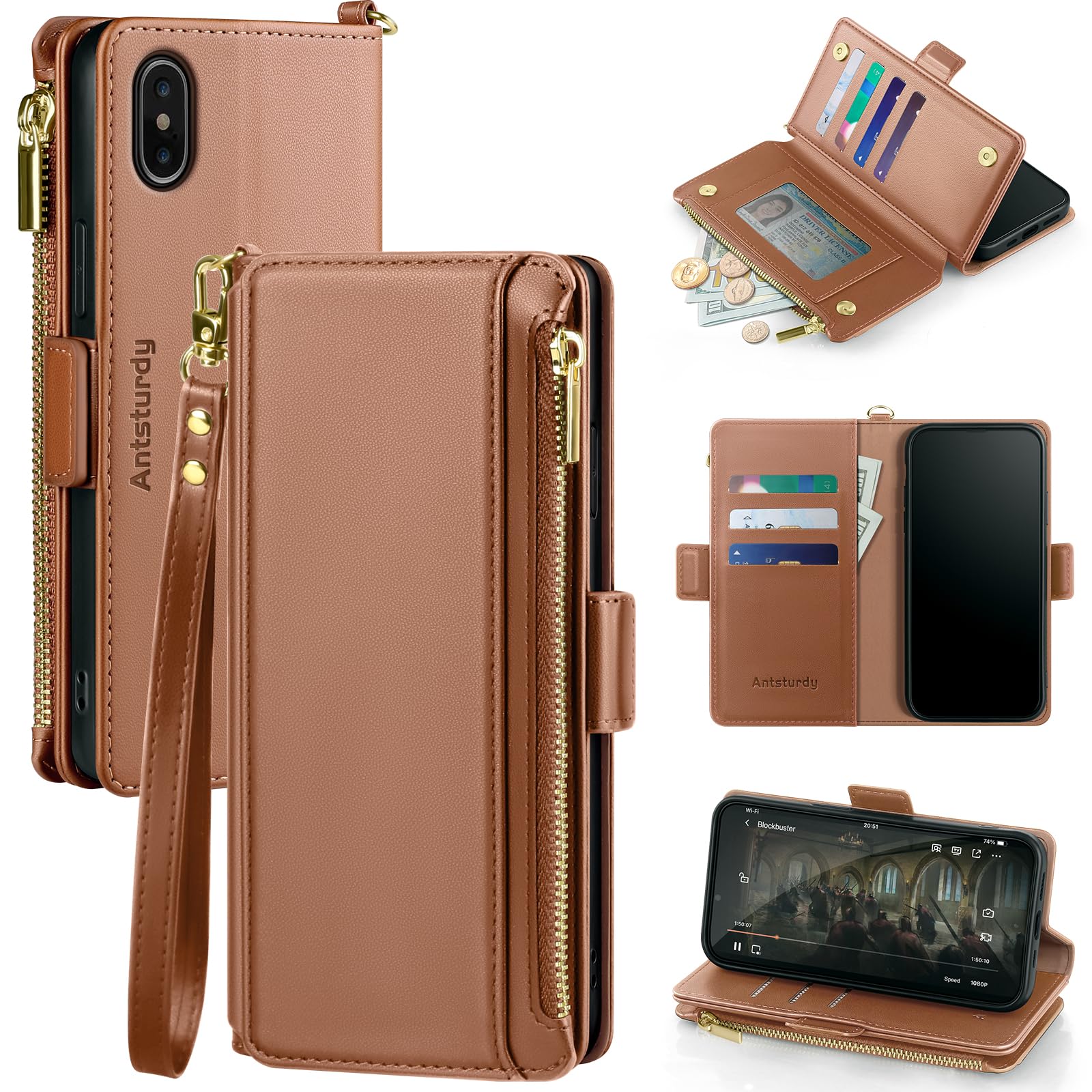 Antsturdy for iPhone Xs Max Phone Wallet Case Women,Light Brown | RFID Blocking,with Credit Card Holder Slots,PU Leather Purse,Zipper Pocket,Wrist