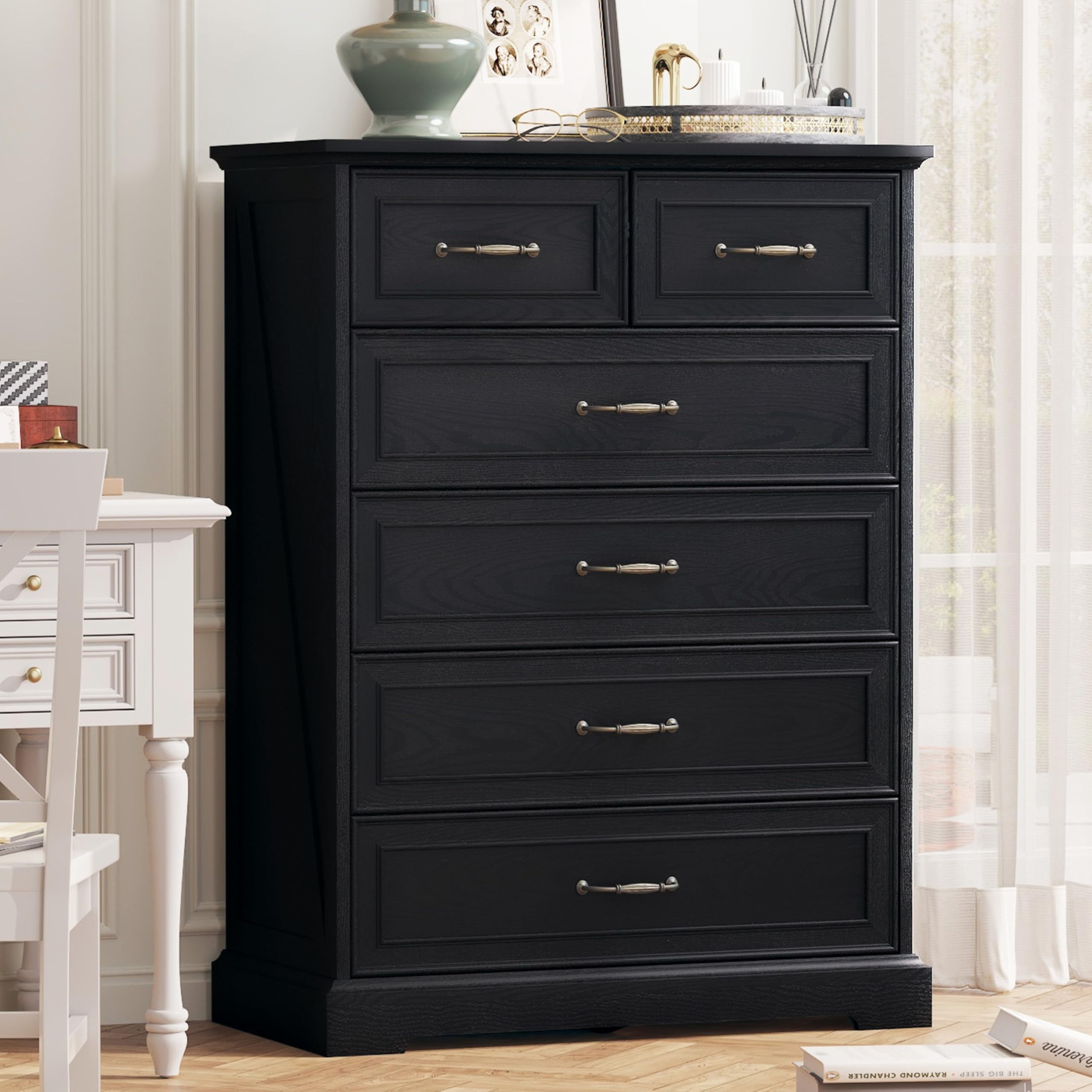 Fully assembled Thacuok 6-Drawer Dresser in black wood grain finish.