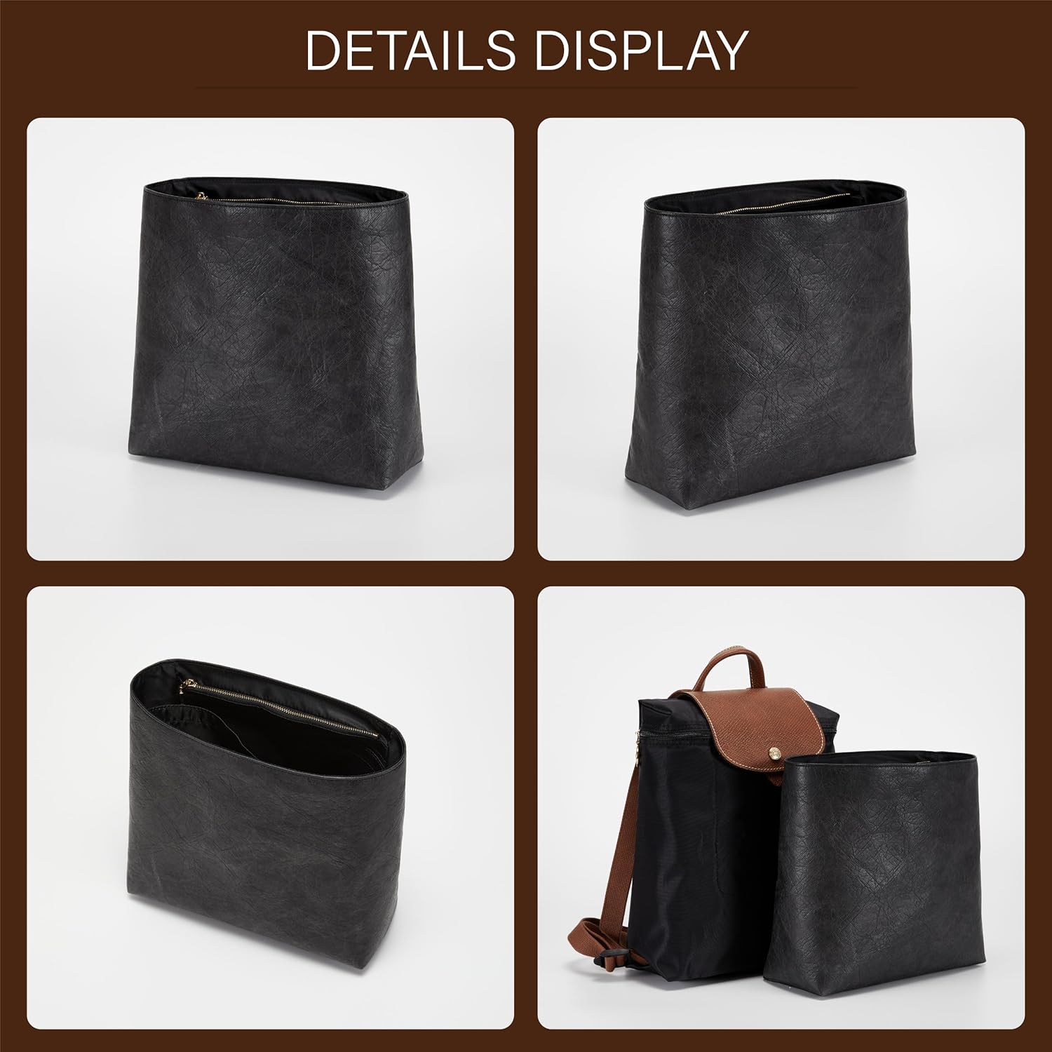 Doxo Upgraded Backpack Organzier Insert Compatible with Longchamp Le Pliage Backpack and More, Ultra-light Waterproof DupontPaper Bag Organizer (Full Black)