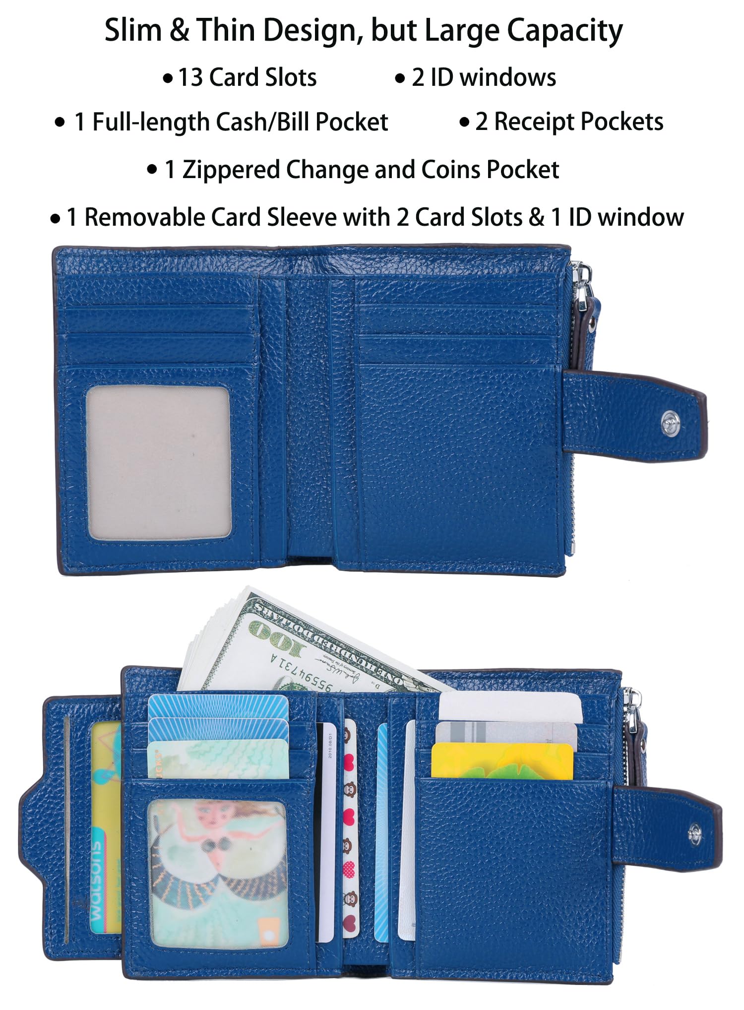 Cartera de piel con cierre RFID para mujer, tamaño pequeño, compacto, con cierre doble, con ventana de identificación, azul (Azul Lichee), Talla única
