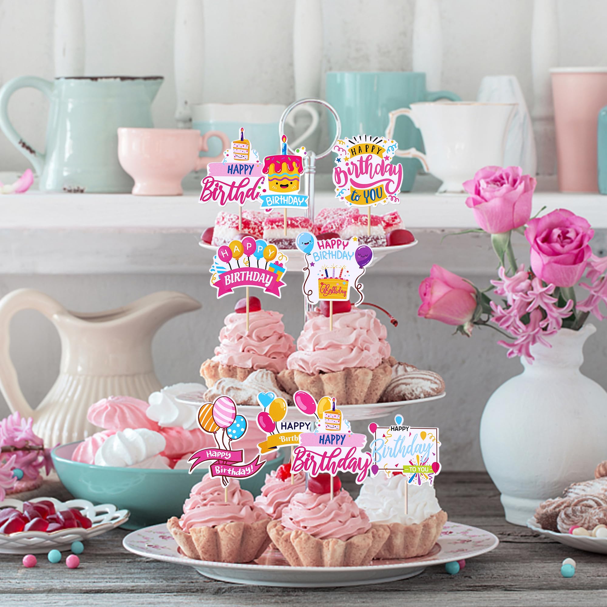 Rsstarxi Cupcake Topper – 40 Stück, Happy Birthday, Für Kuchen & Party-Deko
