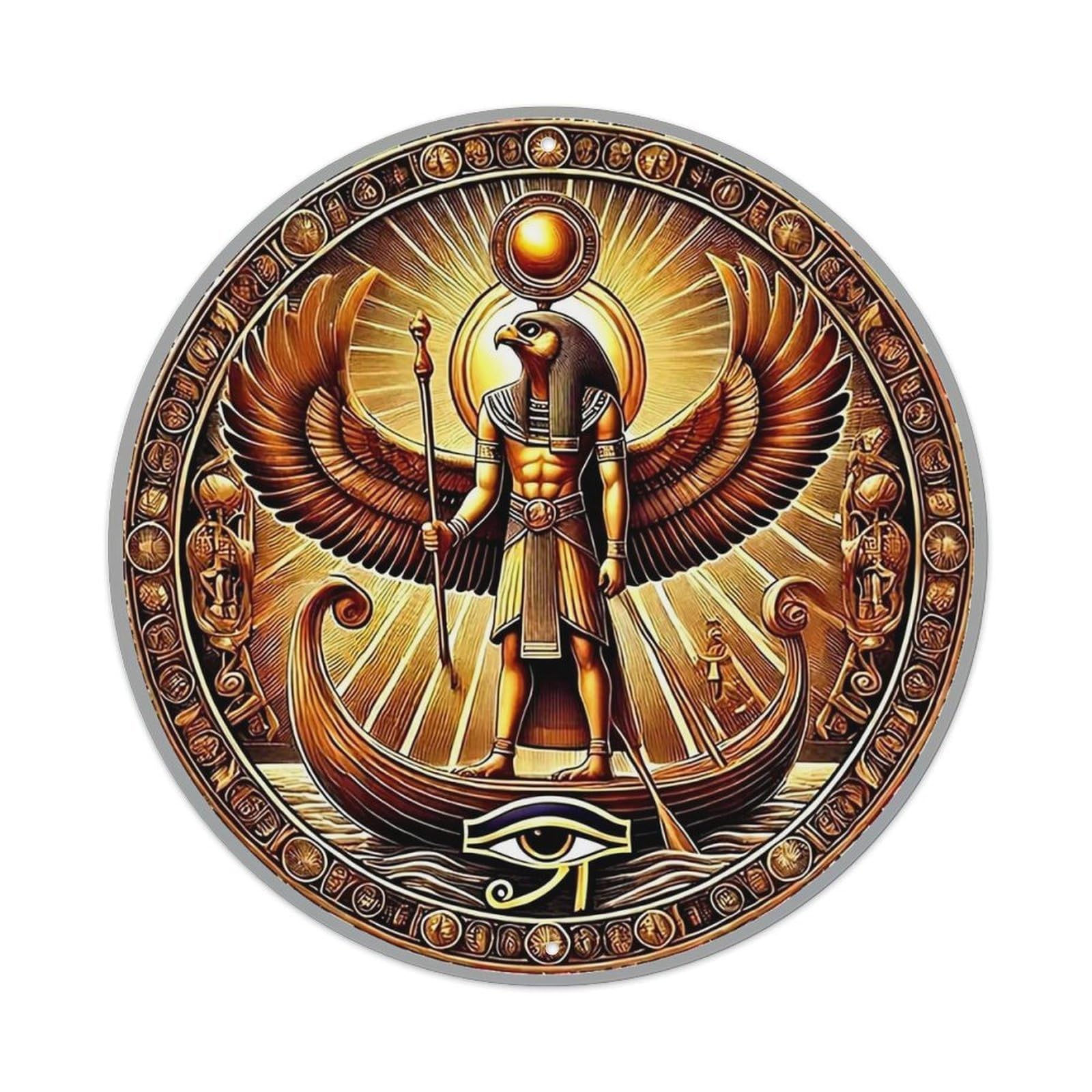 Egyptian God Ra Boat Eye Symbol Vintage Round Tin Sign Retro Metal Wall Decor Metal Poster, Home Bar Garage Cafe Wall Art Decoration 8x8Inches