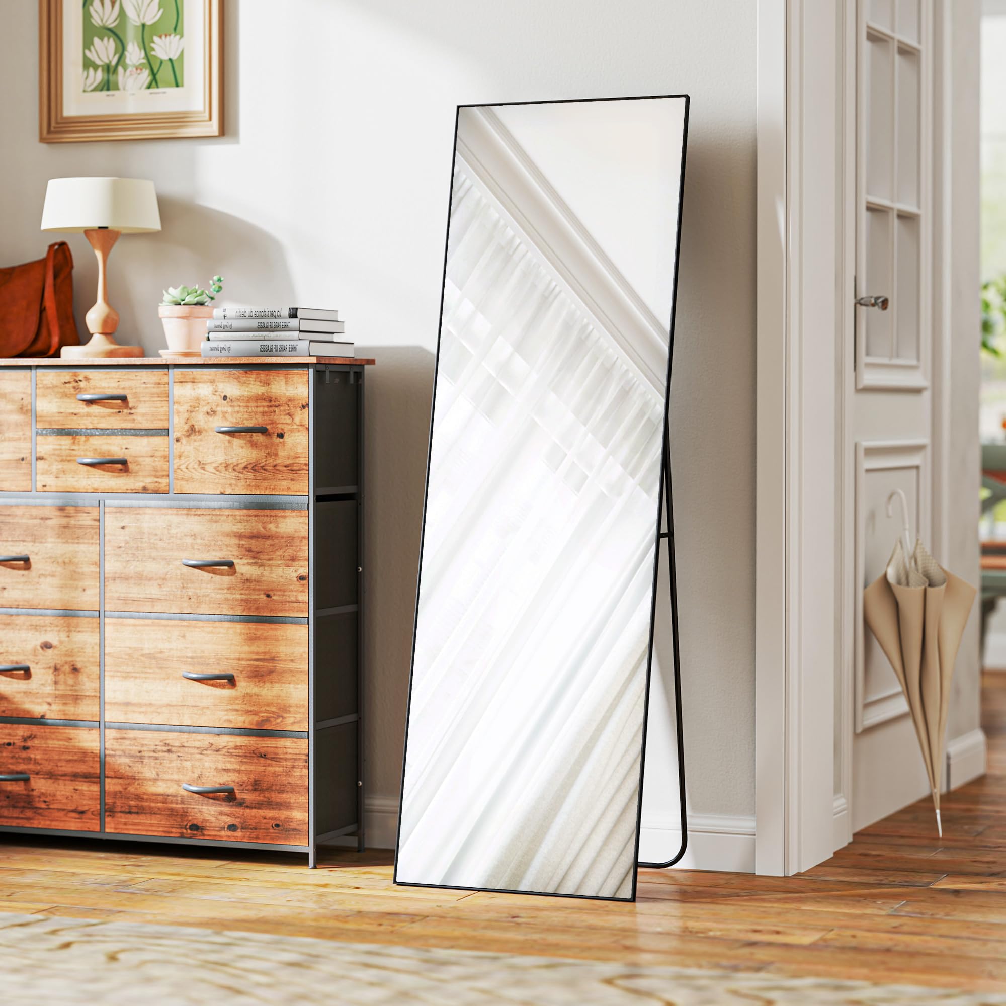 HOMCOM Specchio a pavimento rettangolare a figura intera 50x160cm Nero | Montaggio a parete o appoggiato a parete, per camera da letto, soggiorno e spogliatoio