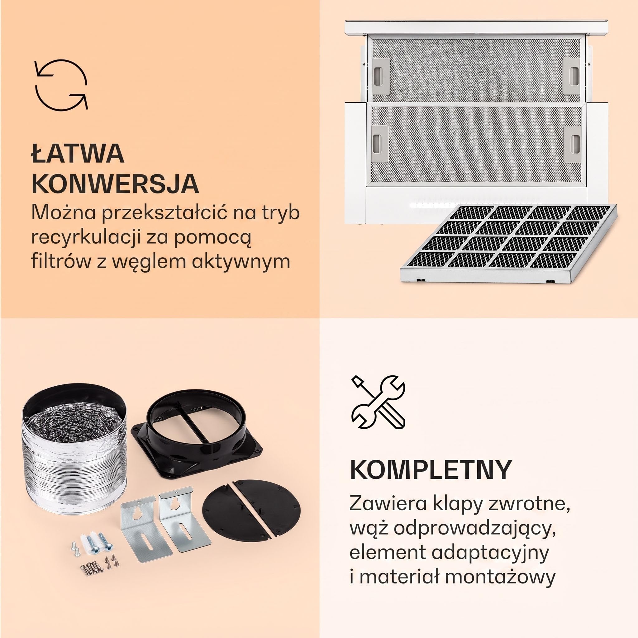 Klarstein Mariana Neo 60 Okap kuchenny, 60 cm, Klasa A, 640 m³/h, Recyrkulacja i wyciąg, Wyświetlacz LC, Timer, Panel dotykowy, LED, Okap teleskopowy płaski, podszafkowy, Front szklany, biały