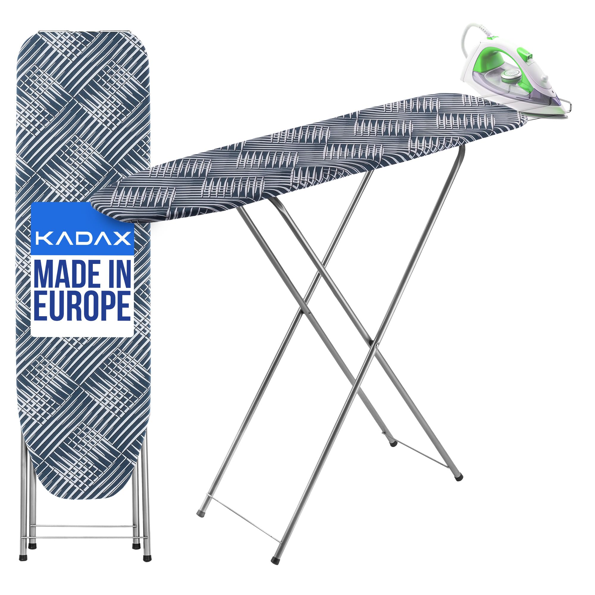 KADAX Table à Repasser 104 x 30 cm, Planche Pliable avec Housse en Coton Amovible, Support pour Fer, Pieds Antidérapants et Hauteur Réglable (Bleu)